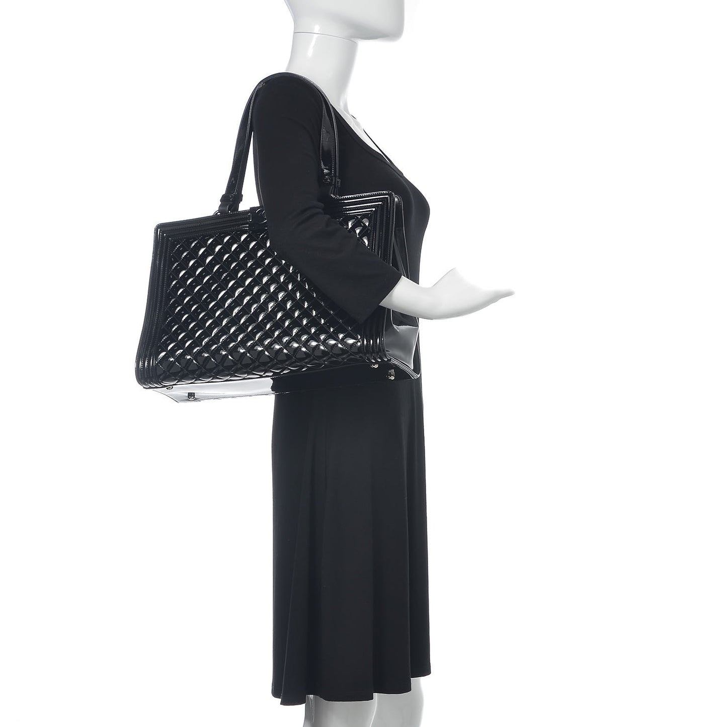 Patent Calfskin Quilted Plexiglass Boy Shopping Tote Black