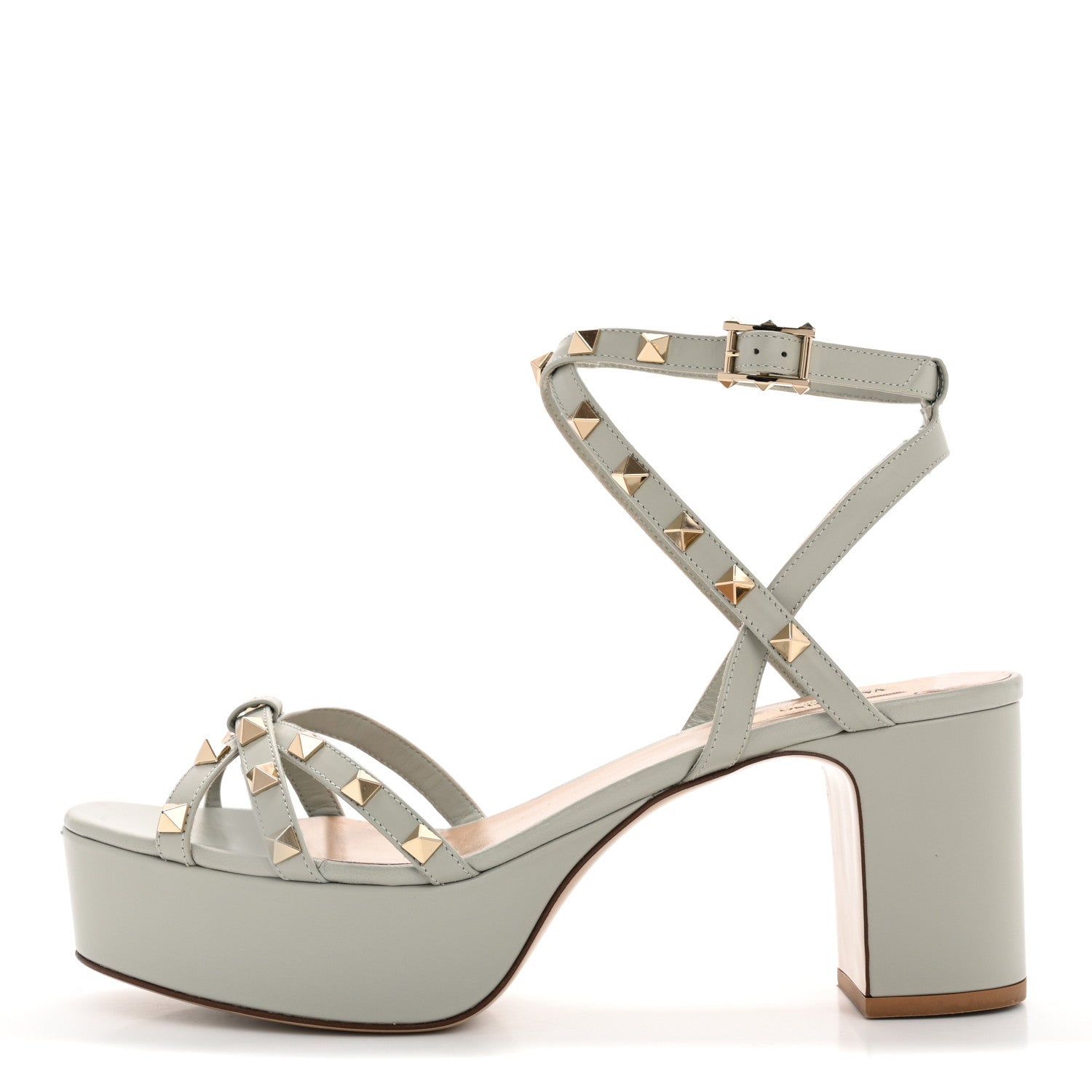 Valentino Garavani Calfskin Rockstud Ankle Wrap 35/75mm Platform Sandals 41 Opal Grey 1 of 17