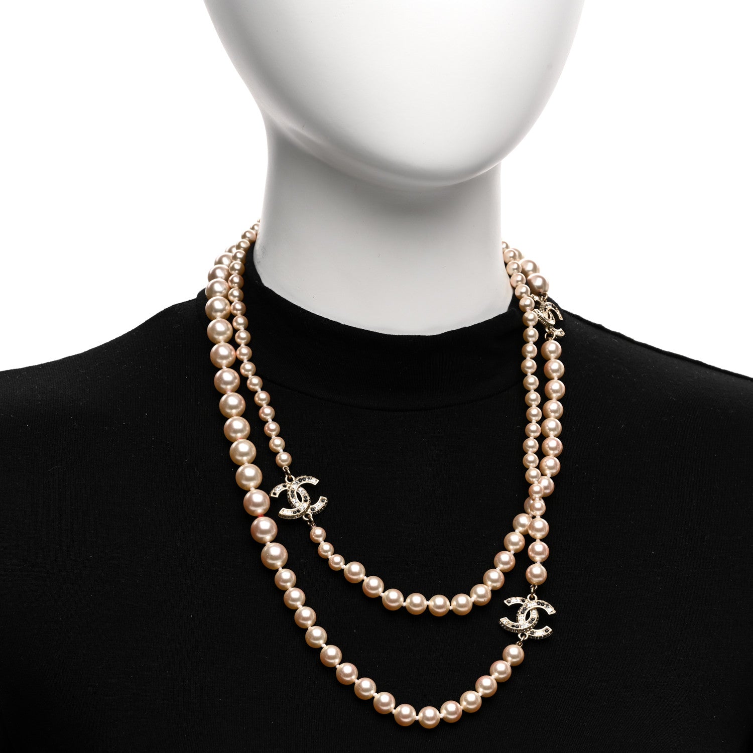 Chanel Graduated Pearl Crystal CC Long Necklace Gold Black 2 of 6