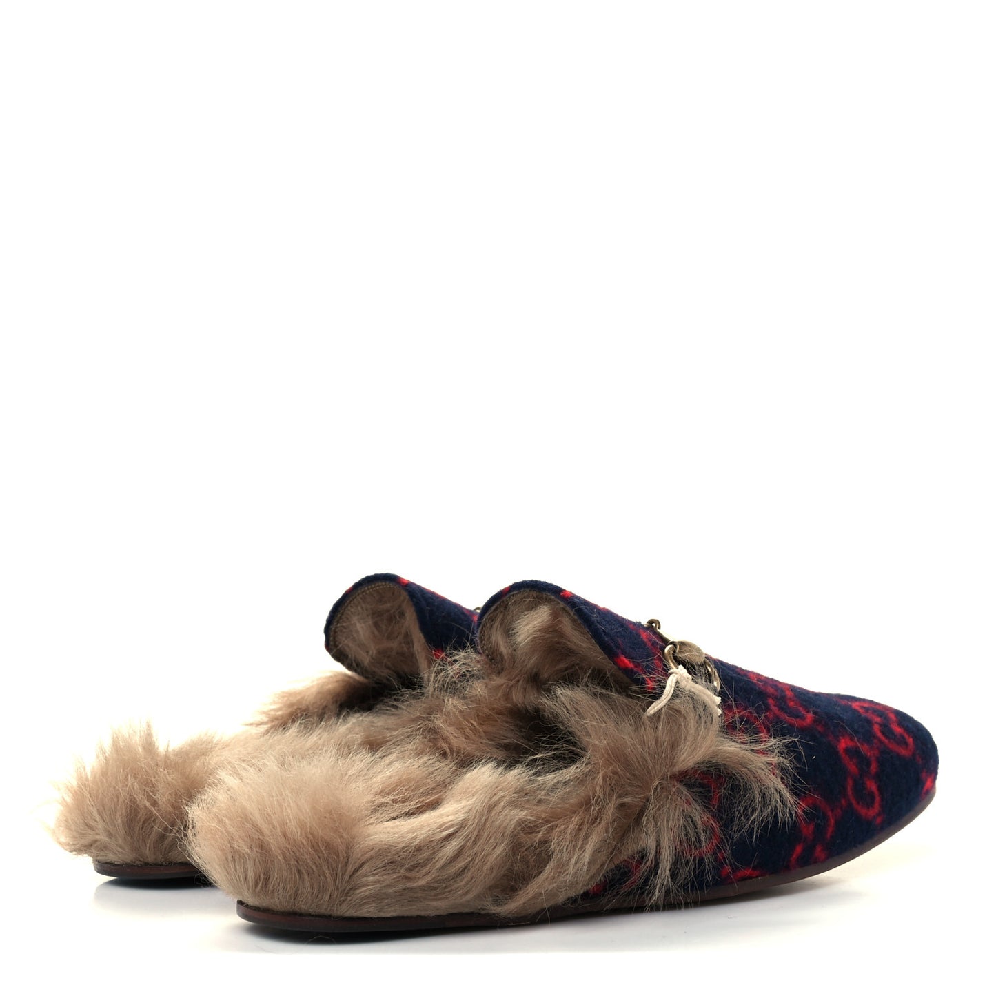 Velvet GG Monogram Fur Mens Princetown Slippers 7 Navy Red