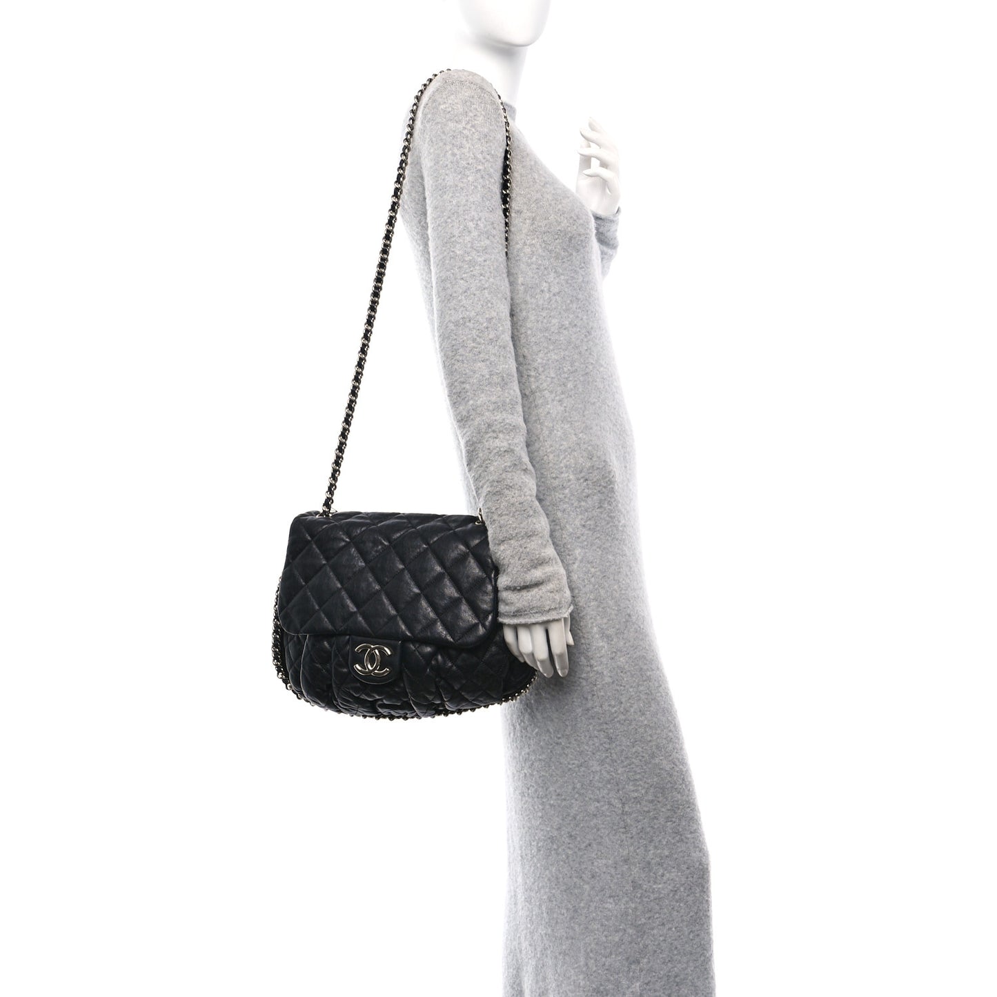Washed Lambskin Quilted Large Chain Around Messenger Black