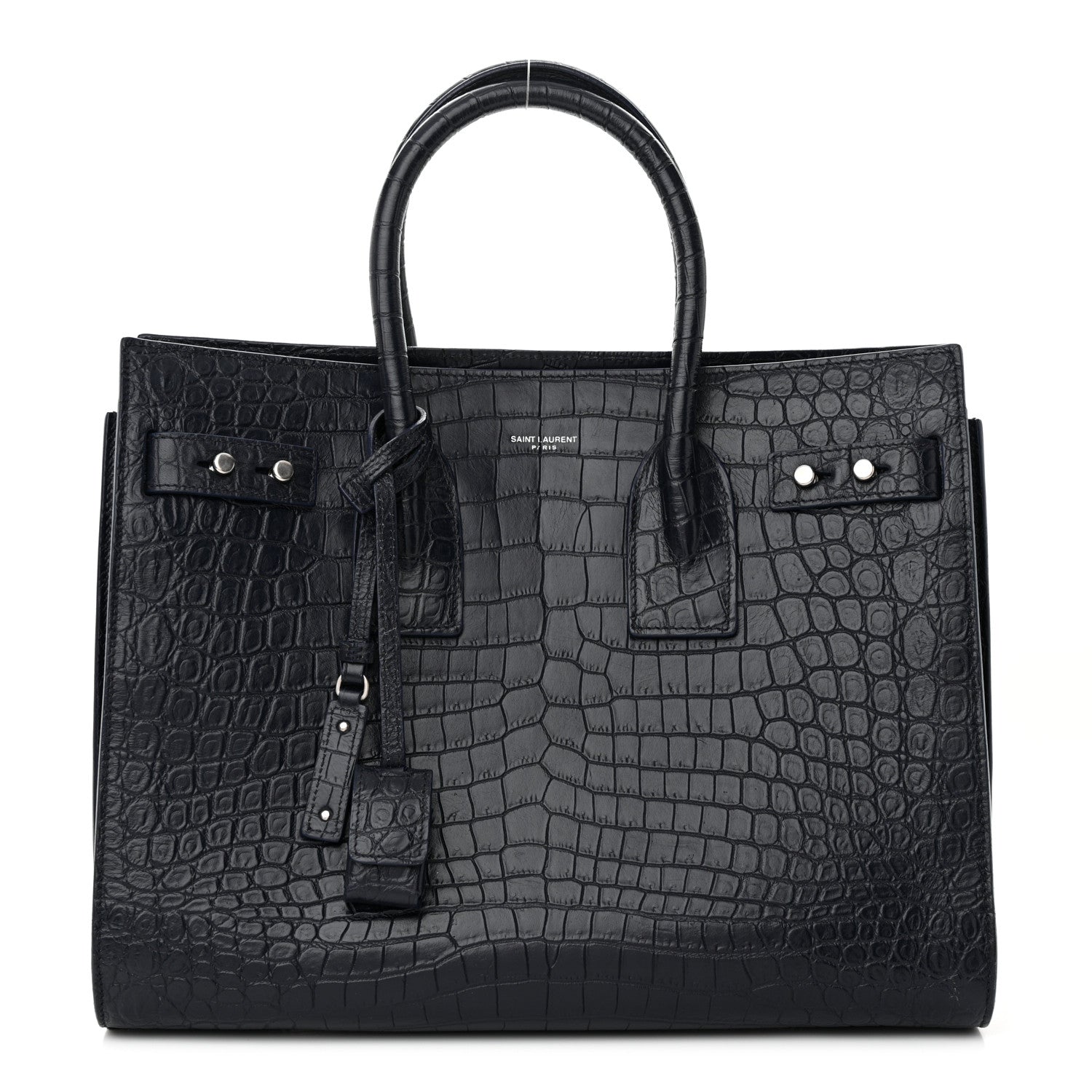 Saint Laurent Calfskin Crocodile Embossed Small Supple Sac de Jour Navy 1 of 10