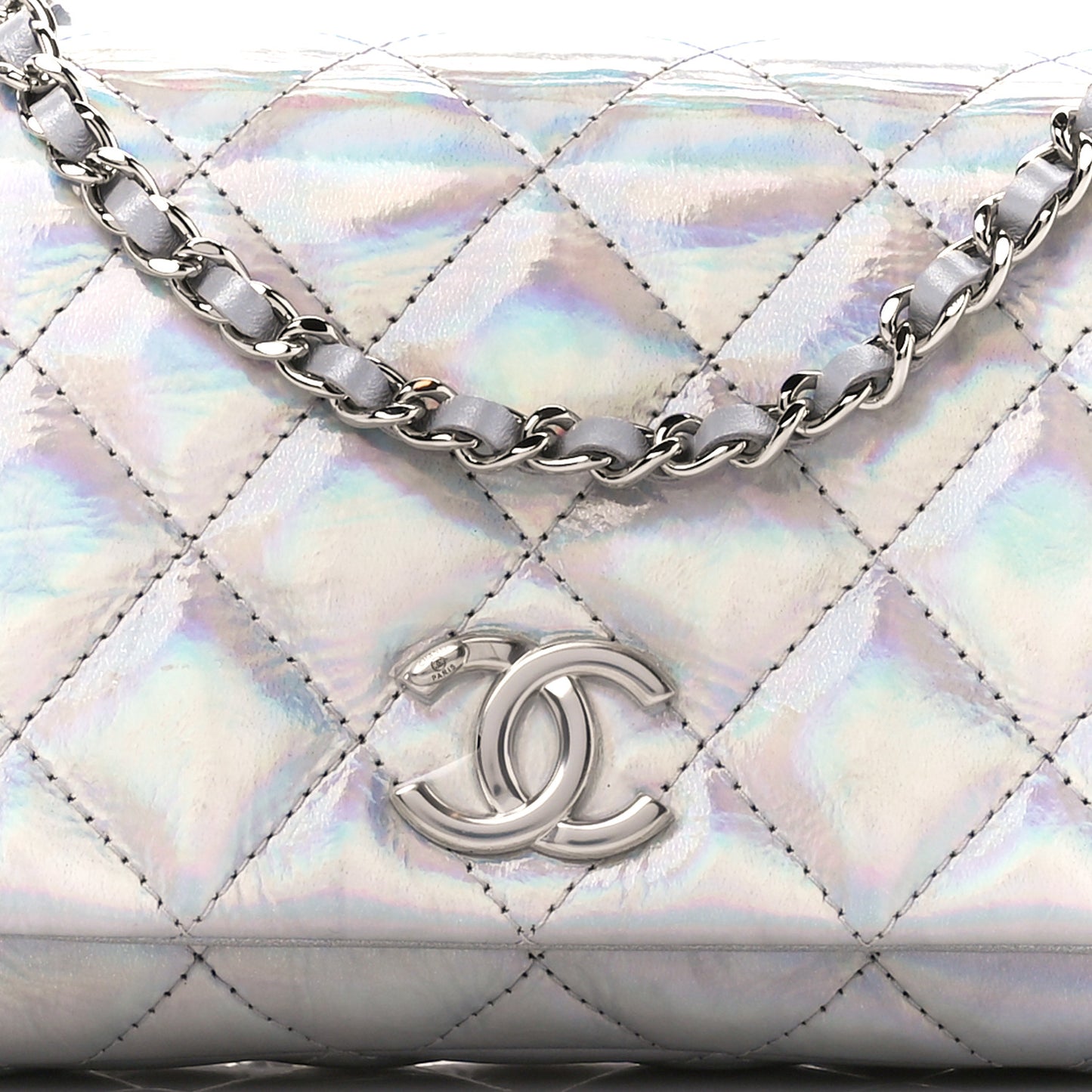 Iridescent Mirror Goatskin Quilted Clutch With Chain Silver