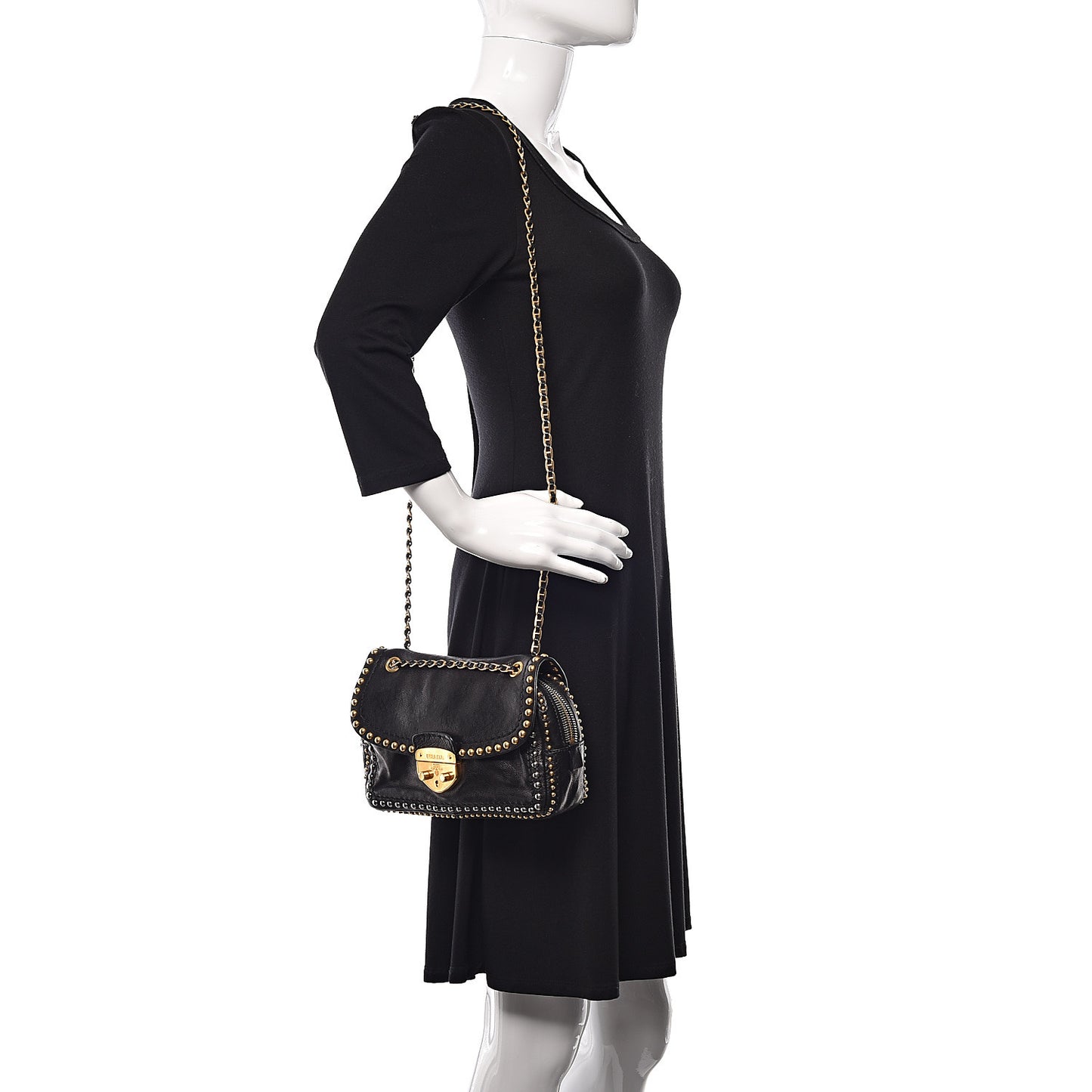 Glace Calf Studded Pushlock Chain Shoulder Bag Black