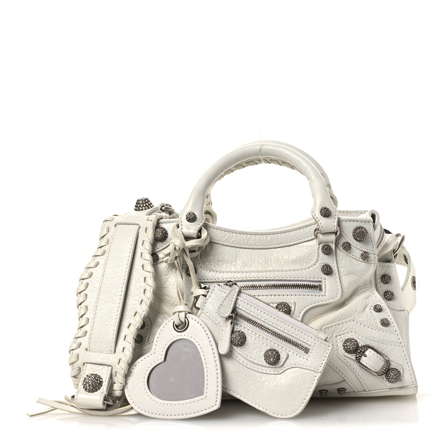 Balenciaga Agneau Arena Crystal Neo Cagole Handbag XS Optic White