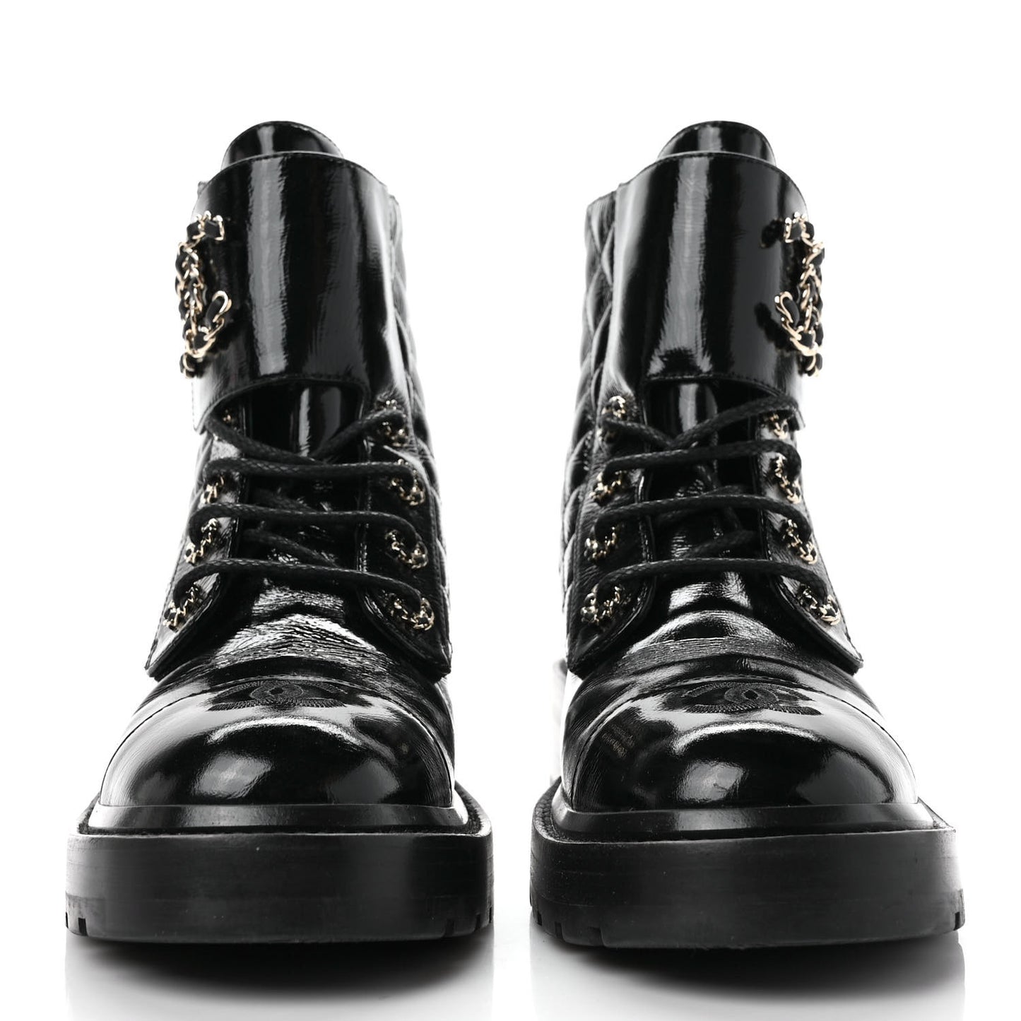 Shiny Calfskin Quilted Lace Up Combat Boots 37.5 Black