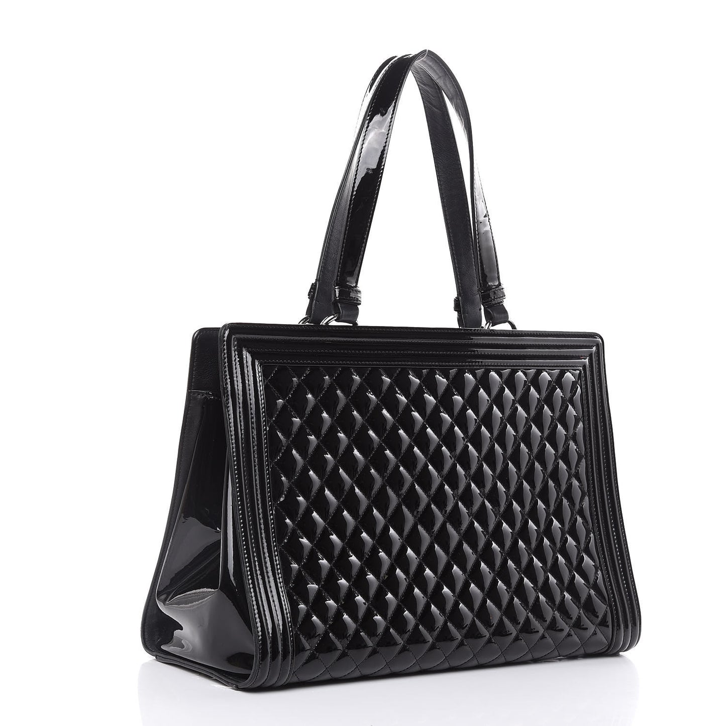 Patent Calfskin Quilted Plexiglass Boy Shopping Tote Black
