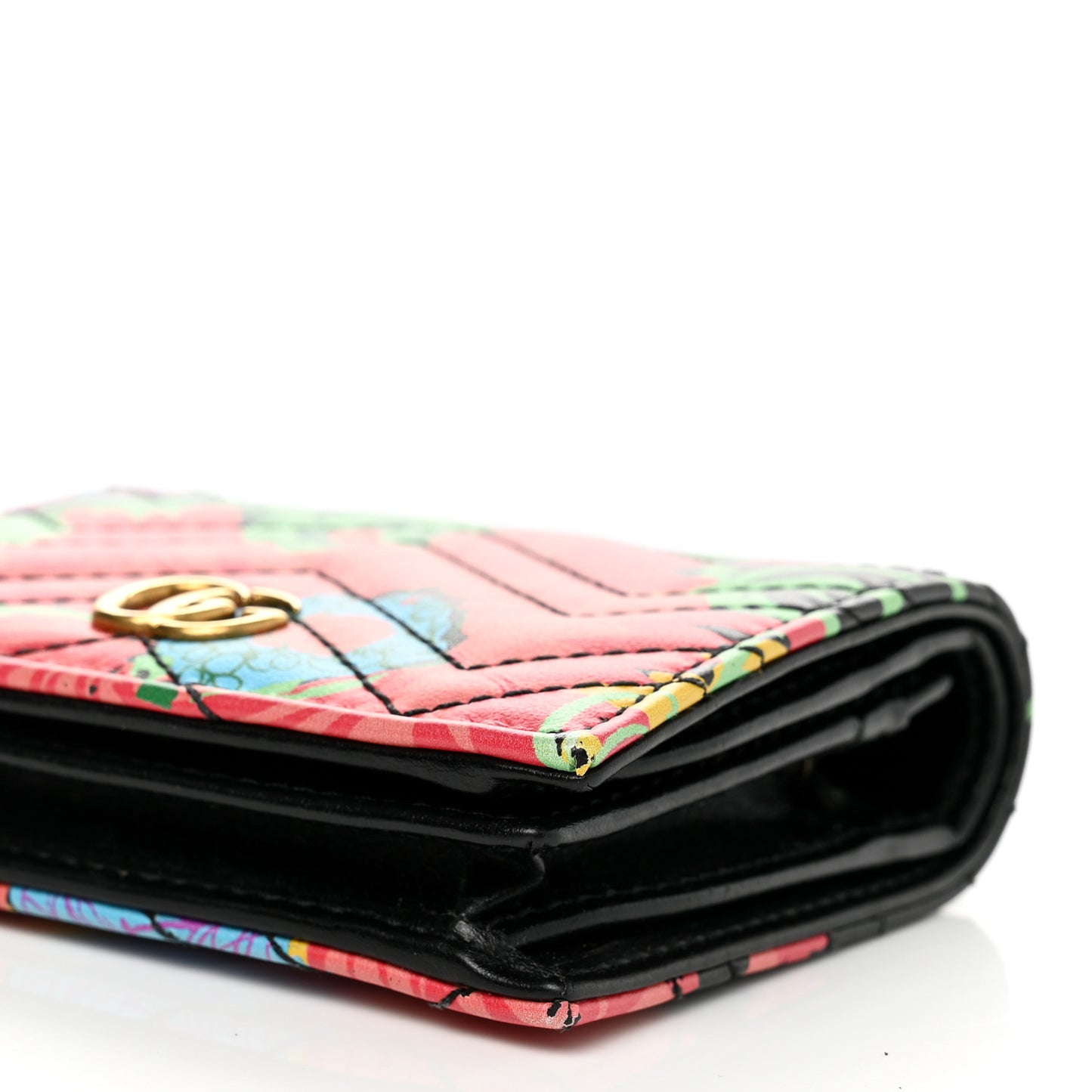 X KEN SCOTT Calfskin Matelasse Floral Print GG Marmont Card Case Wallet Black