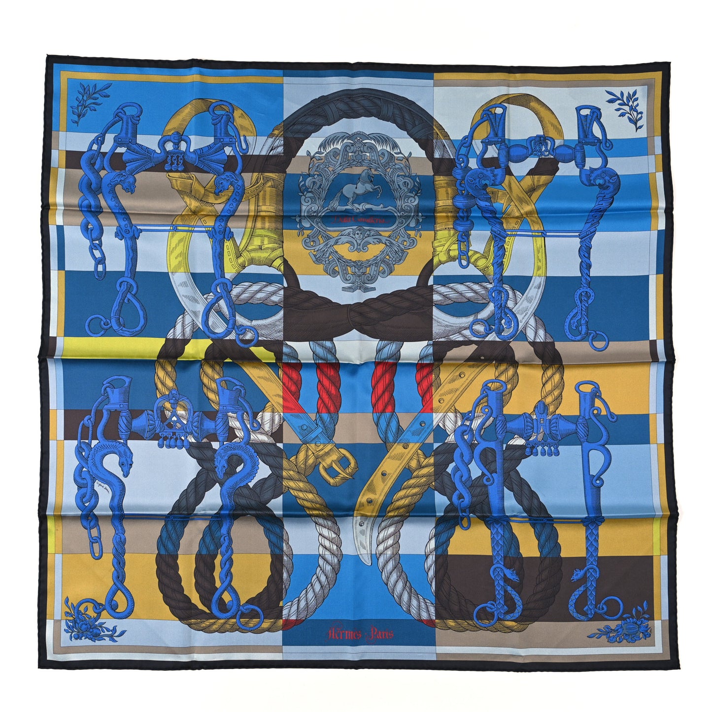 Silk Double Face Della Cavalleria Finesse Scarf 90 Bleu Gold Taupe