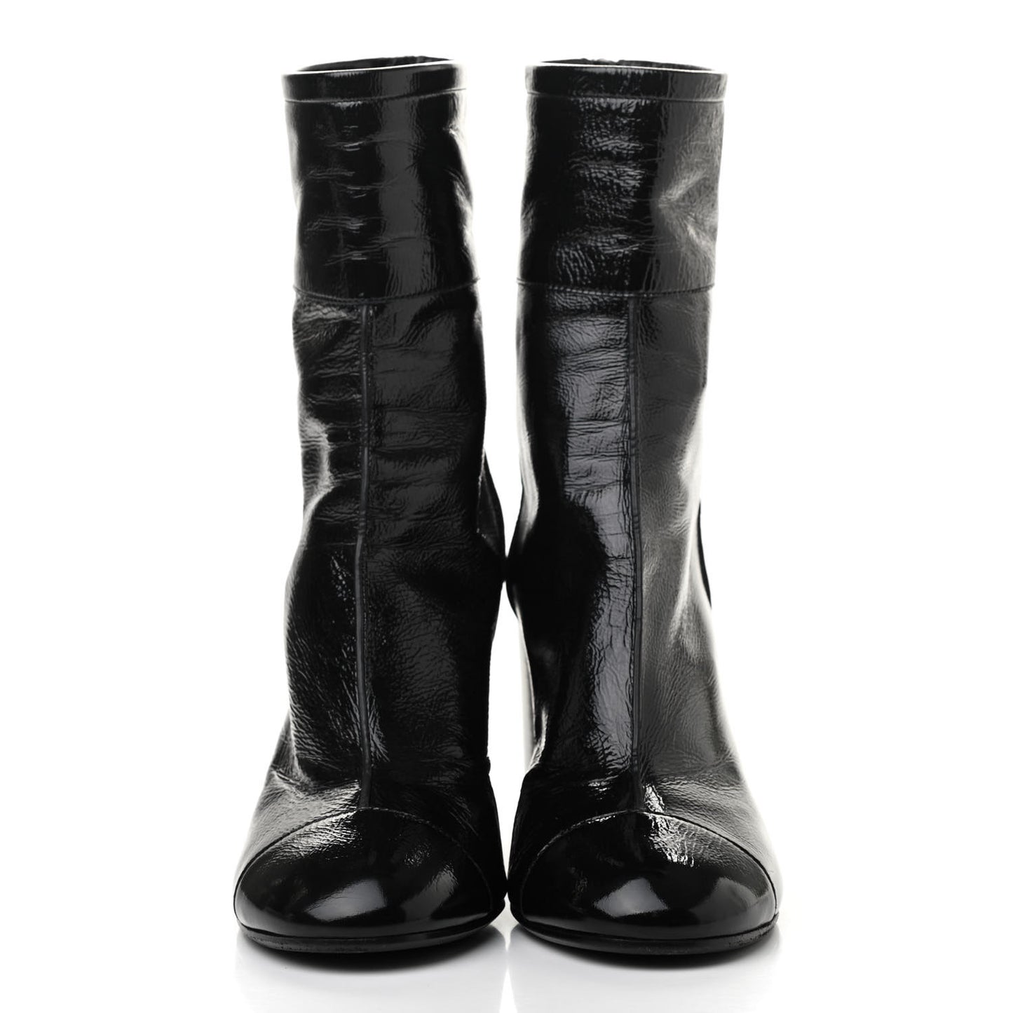 Shiny Crumpled Calfskin CC Cap Toe Short Boots 36 Black