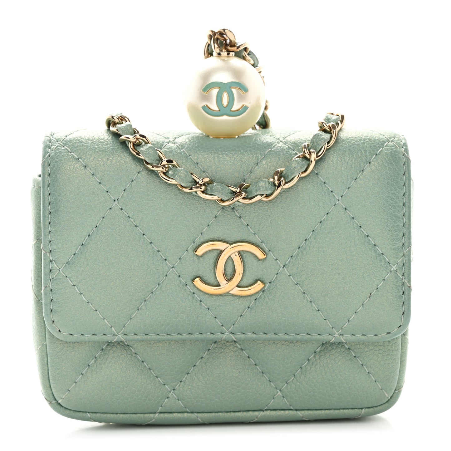 Iridescent Caviar Quilted Pearl On Top Coin Purse With Chain Light Green