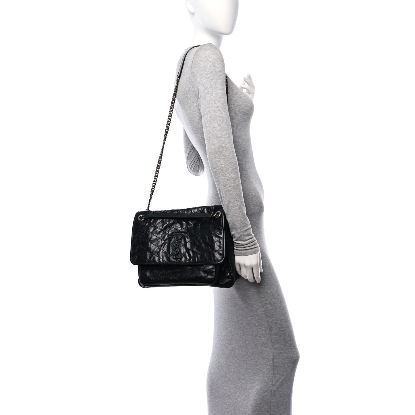 Crinkled Calfskin Matelasse Monogram Large Niki Chain Satchel Black
