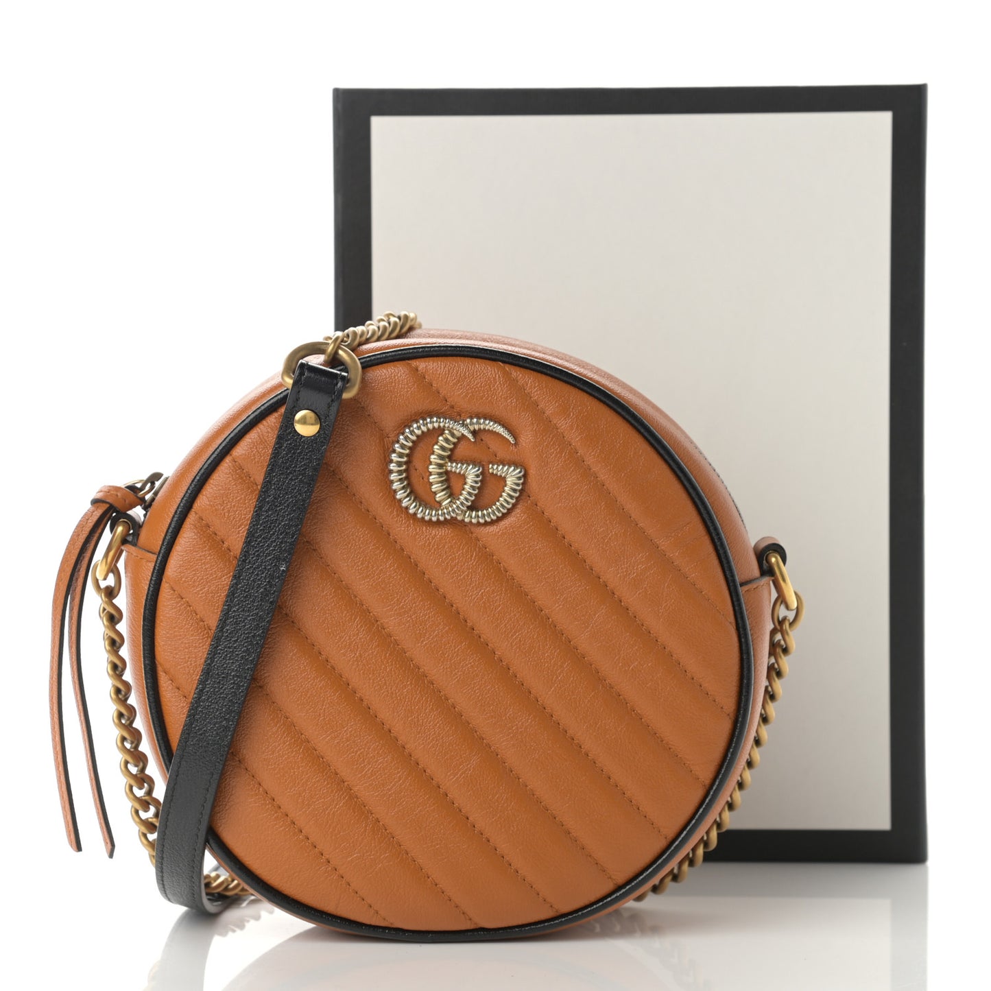 Azalea Calfskin Matelasse Diagonal Mini Torchon GG Marmont Round Shoulder Bag Cognac Black