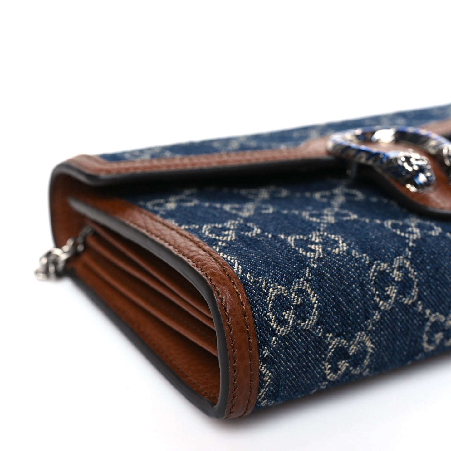 New Denim GG Monogram Dollar Calfskin Enamel Mini Dionysus Chain Wallet Blue Tea Cuir Epilog Electric Blue