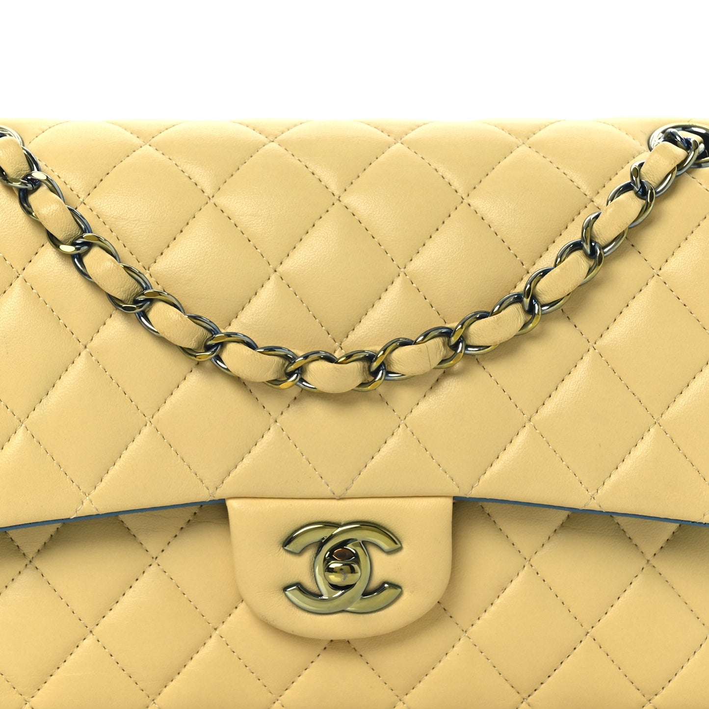 Lambskin Quilted Medium Double Flap Yellow Blue