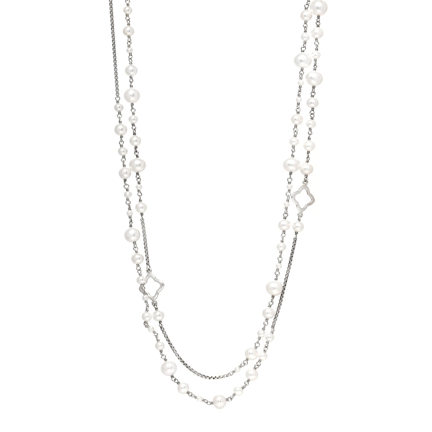 Sterling Silver Pearl Quatrefoil Long Chain Necklace