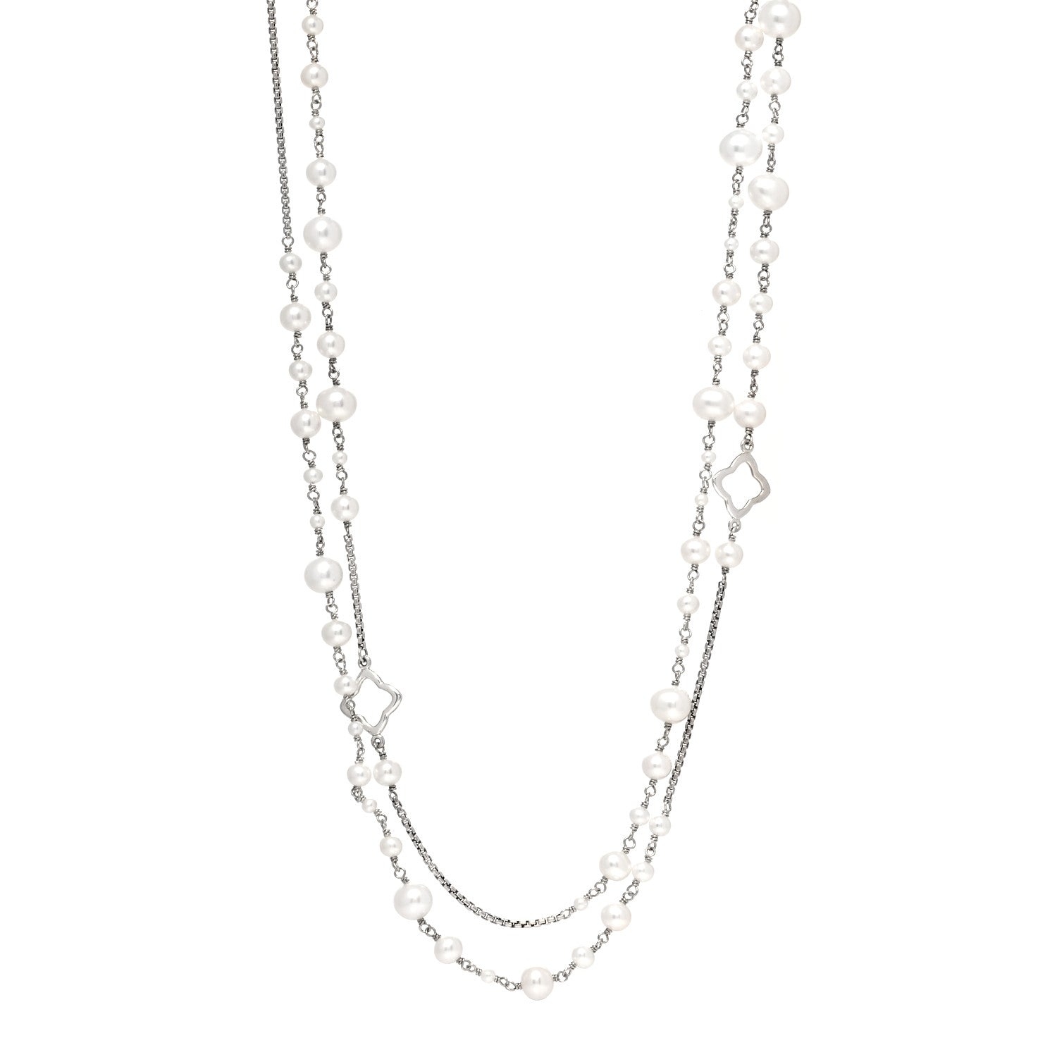 David Yurman Sterling Silver Pearl Quatrefoil Long Chain Necklace 1 of 6
