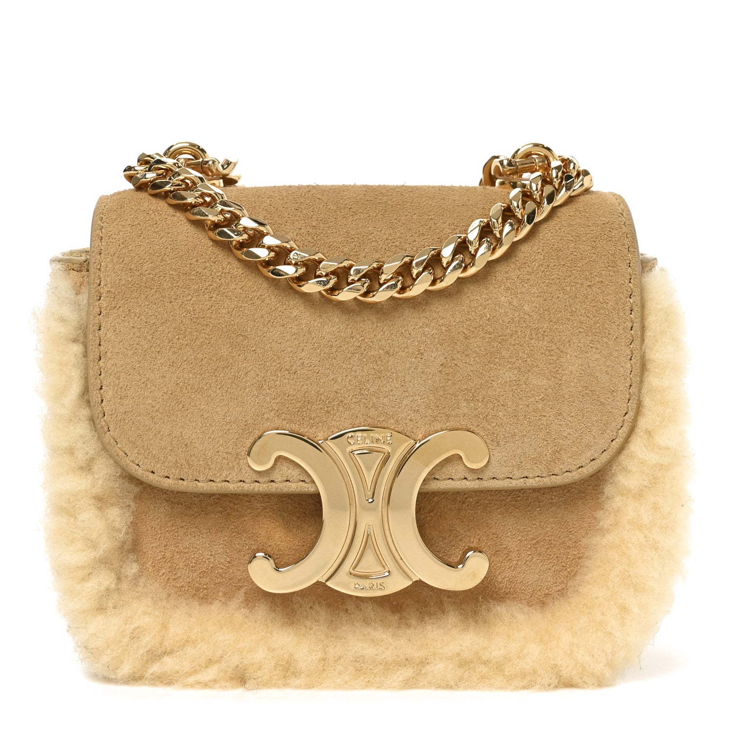セリーヌ Celine Suede Shearling Triomphe Mini Chain Claude Natural 1855097