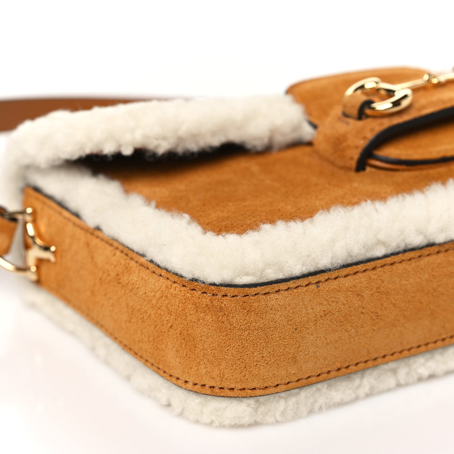 Gucci Suede Shearling Horsebit Mini 1955 Shoulder Bag Honey Beige Milk 11 of 12