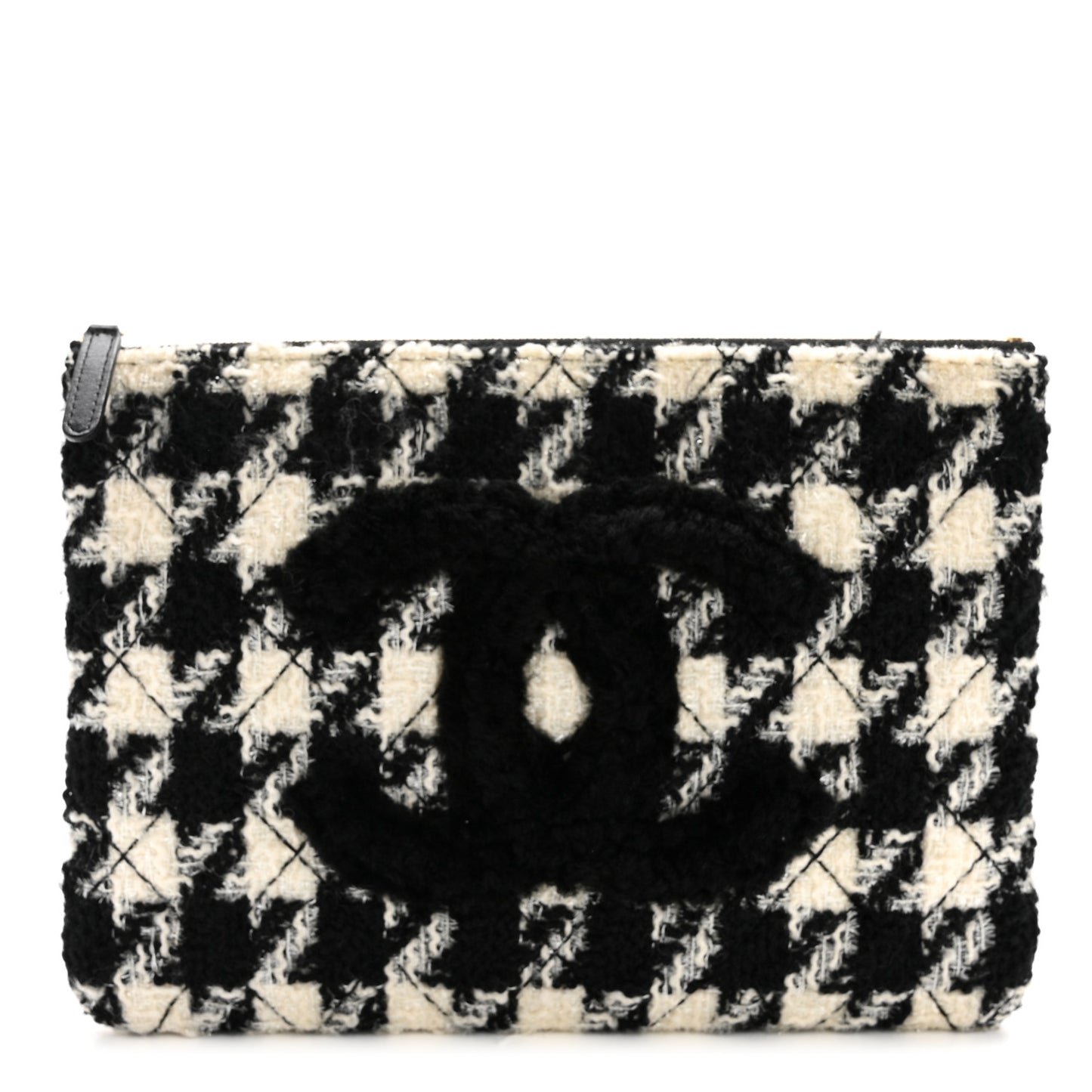 Tweed Shearling Quilted Chanel Cosmetic Pouch White Black