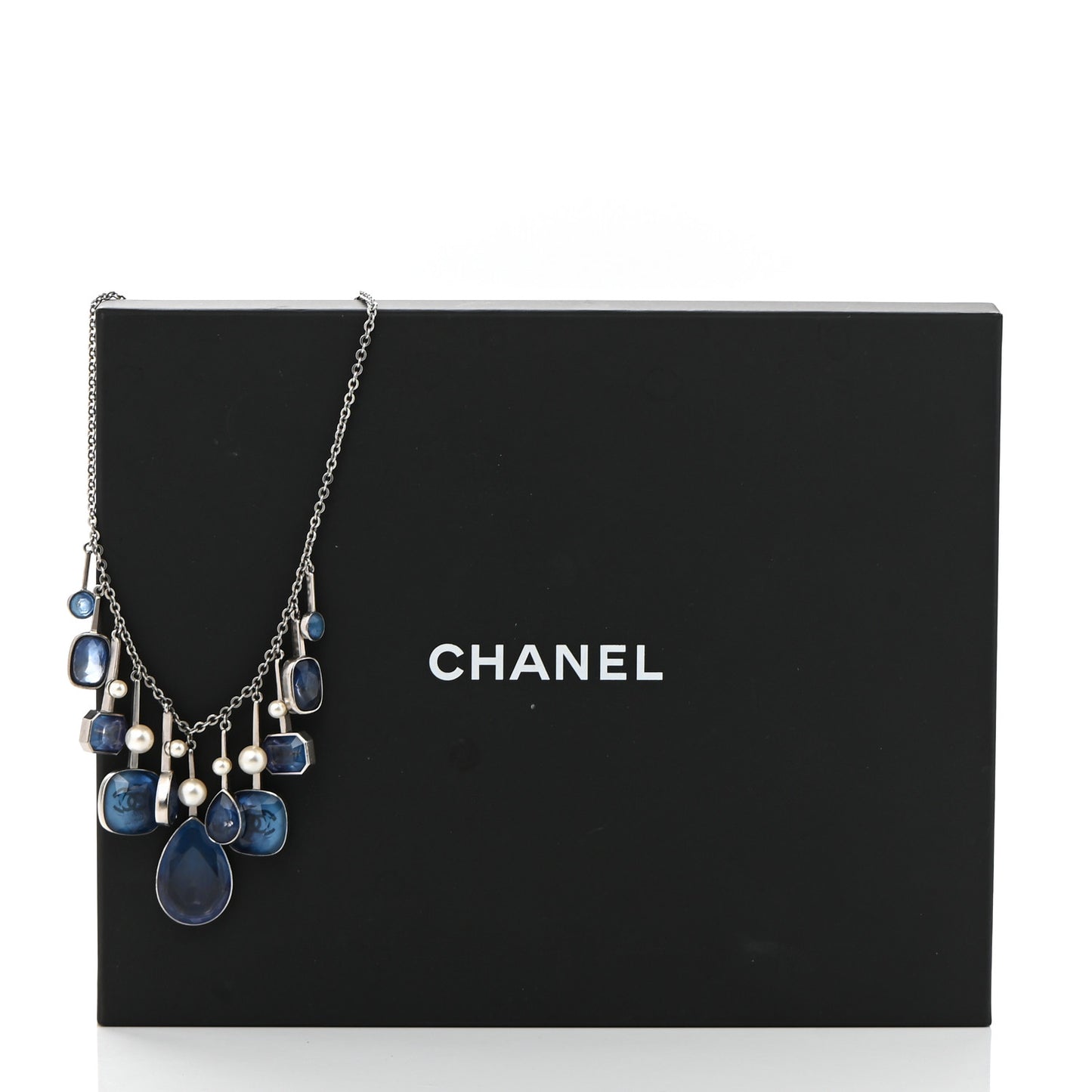 Crystal Pearl CC Necklace Silver Blue