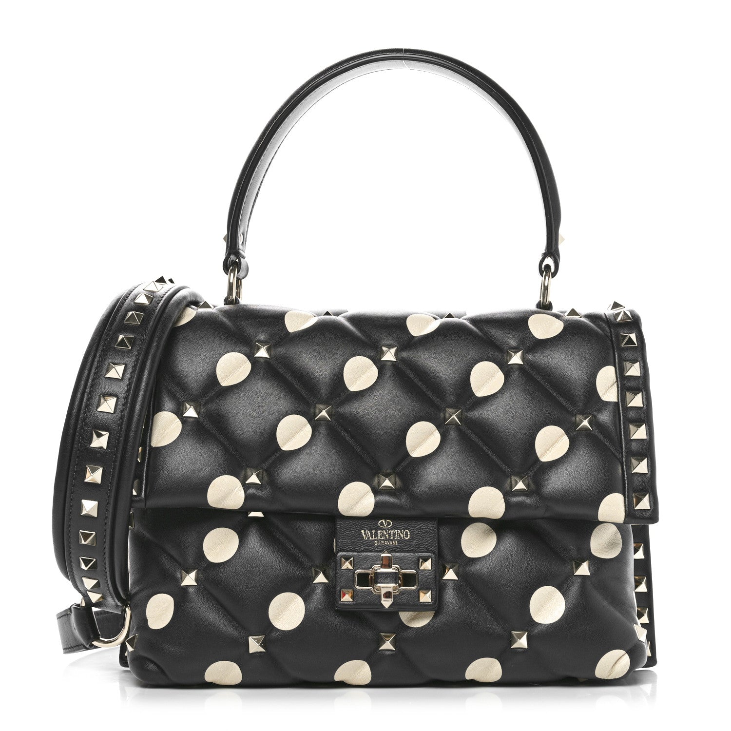 Valentino Garavani Nappa Medium Polka Dot Candystud Top Handle Bag Black White 1 of 9