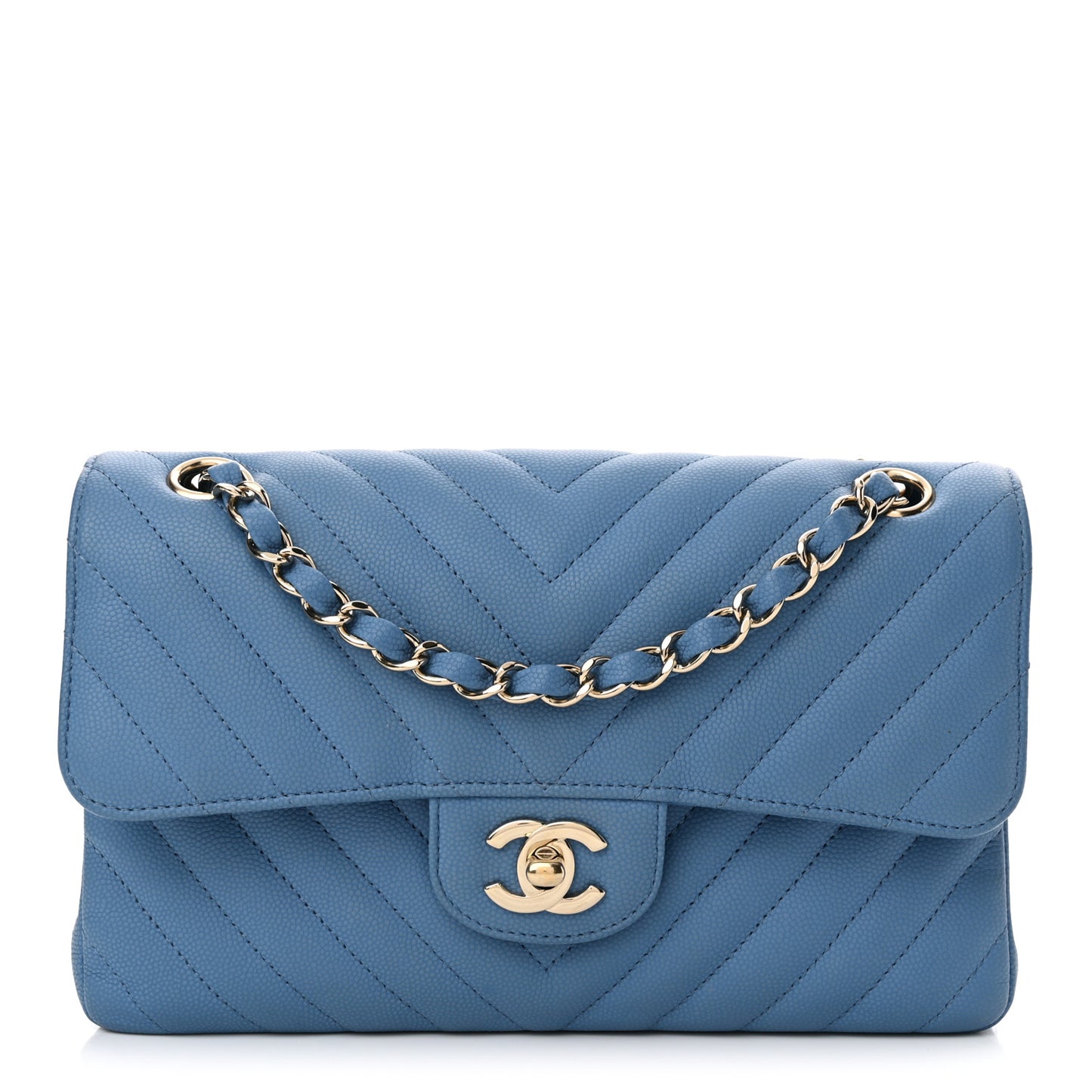 Caviar Flat Chevron Quilted Small Double Flap Blue