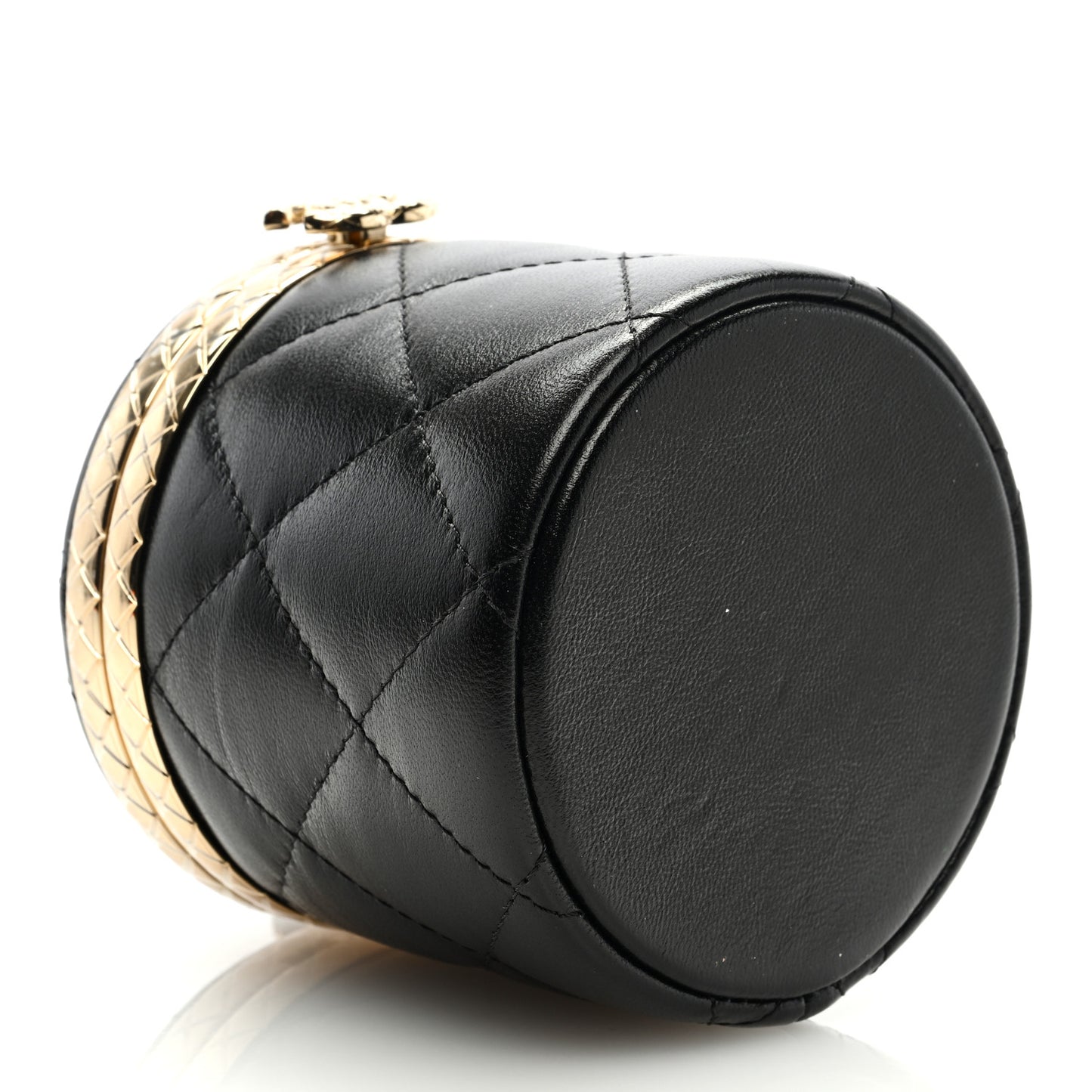 Metal Lambskin Quilted Mini Lock Frame Vanity Clutch Black
