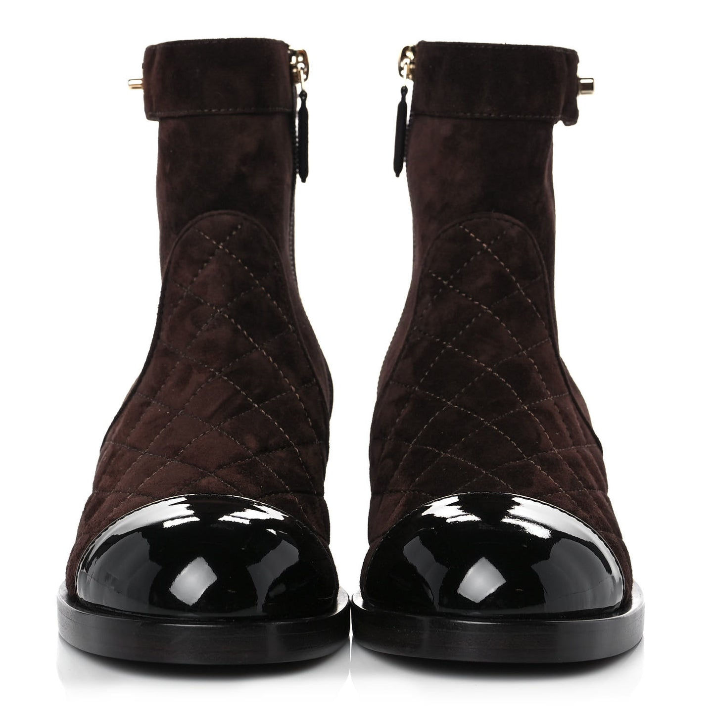 Suede Patent Calfskin Quilted Cap Toe Short Boots 36 Brown Black