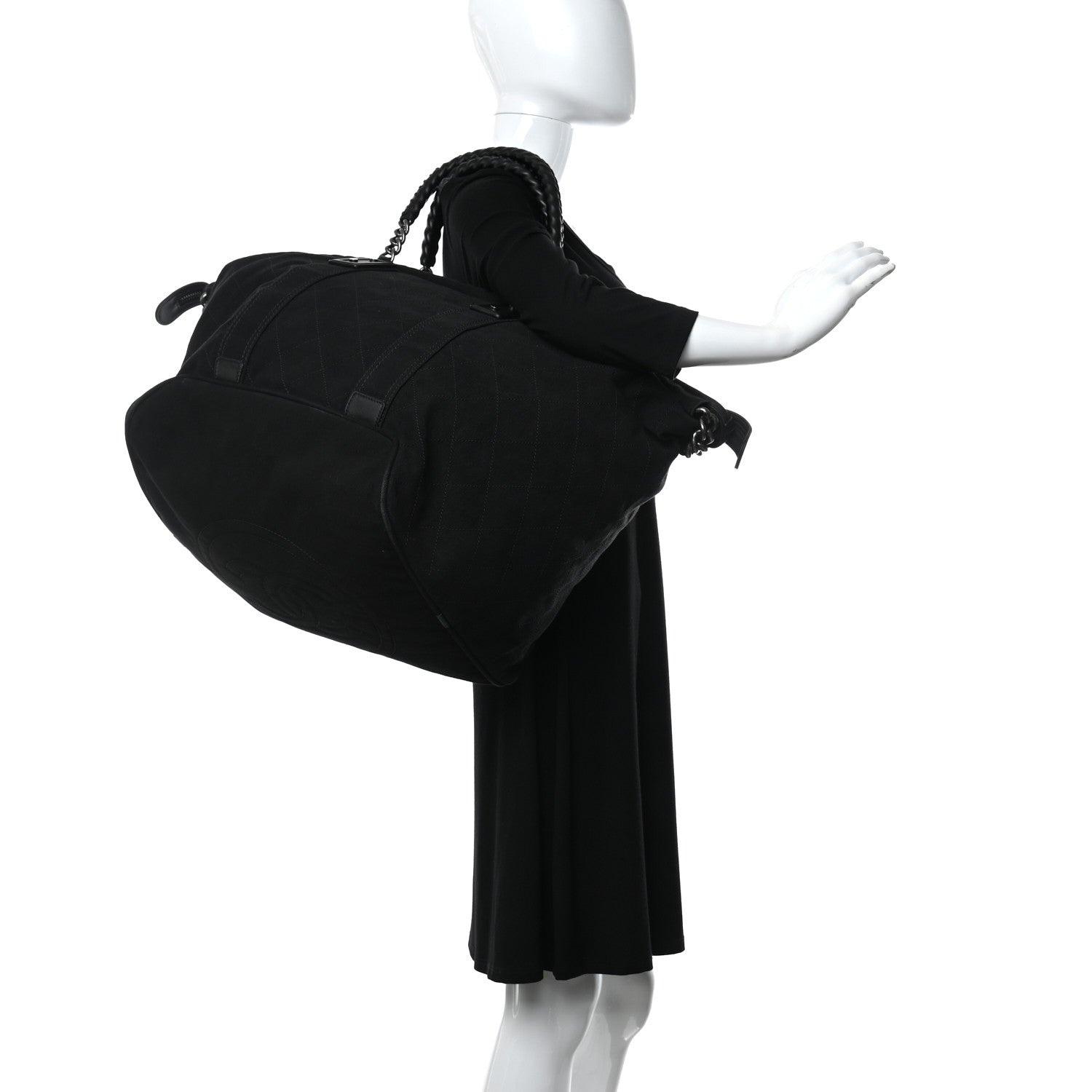 Chanel Washed Toile Calfskin Quilted Large Street Style Travel Bag Black 2 of 14