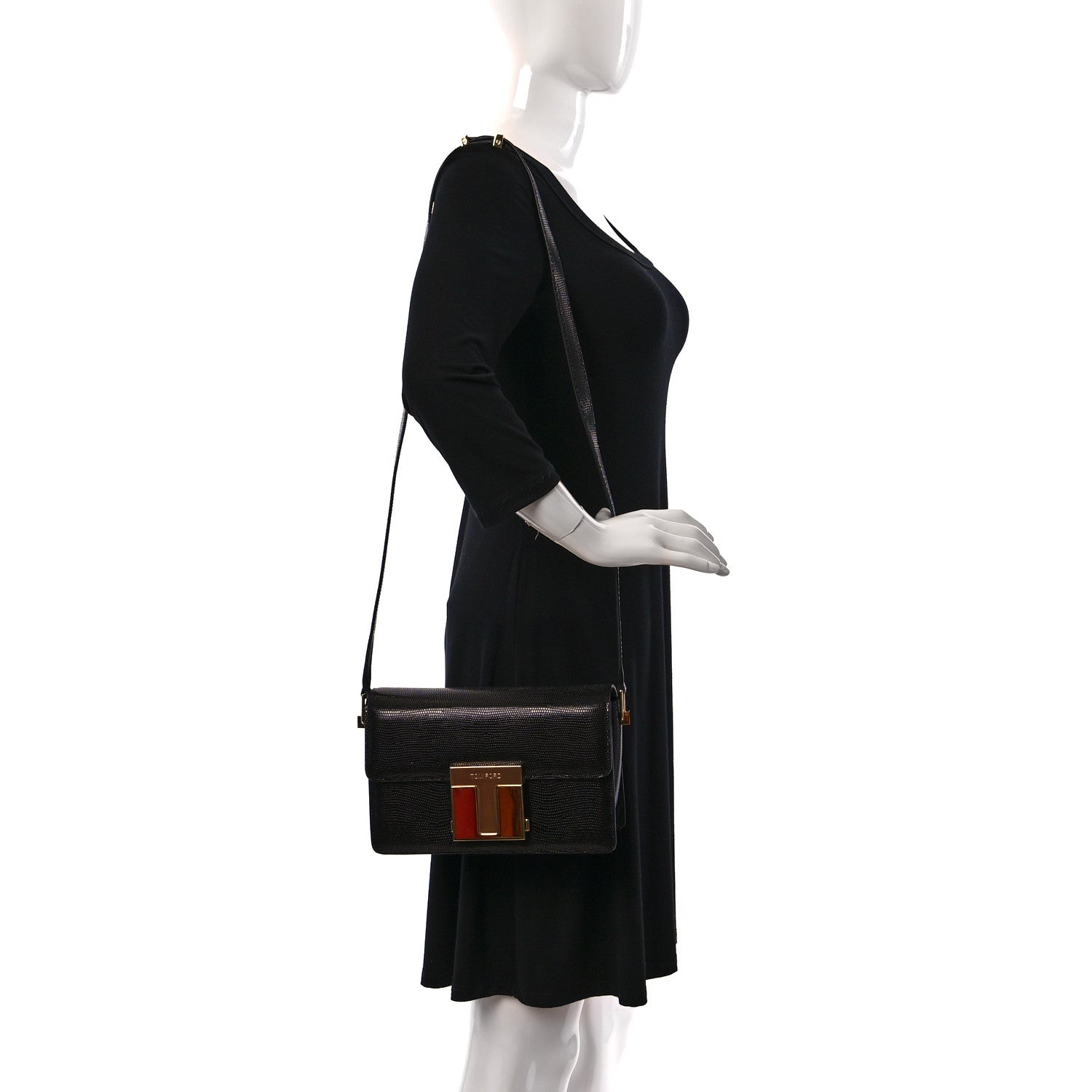 Tom Ford Shiny Calfskin Lizard Embossed T Clasp Shoulder Bag Black 2 of 8