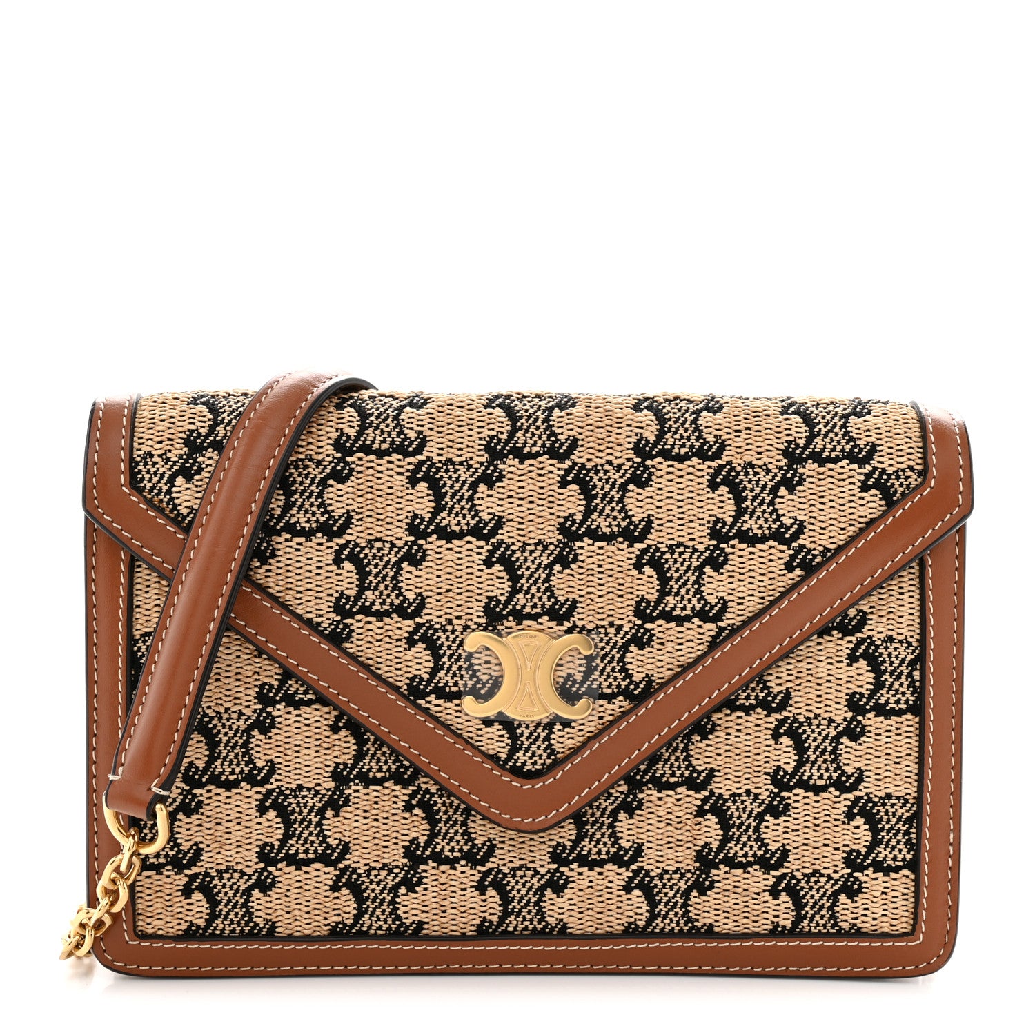 Celine Raffia Jacquard Calfskin Triomphe Wallet on Chain Natural