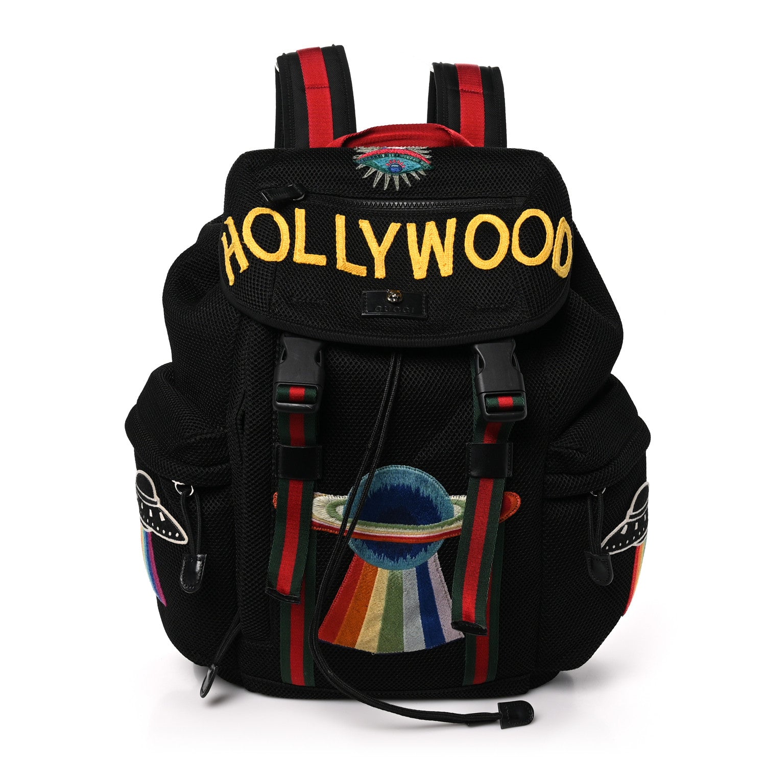 Gucci Mesh Web Hollywood Embroidered Double Buckle Backpack Black