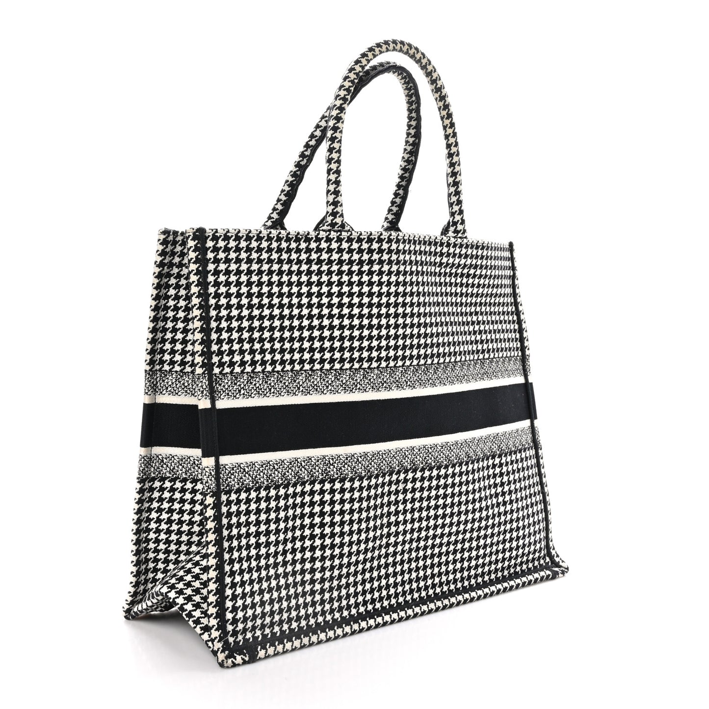 Canvas Houndstooth Embroidered Large Book Tote Black White
