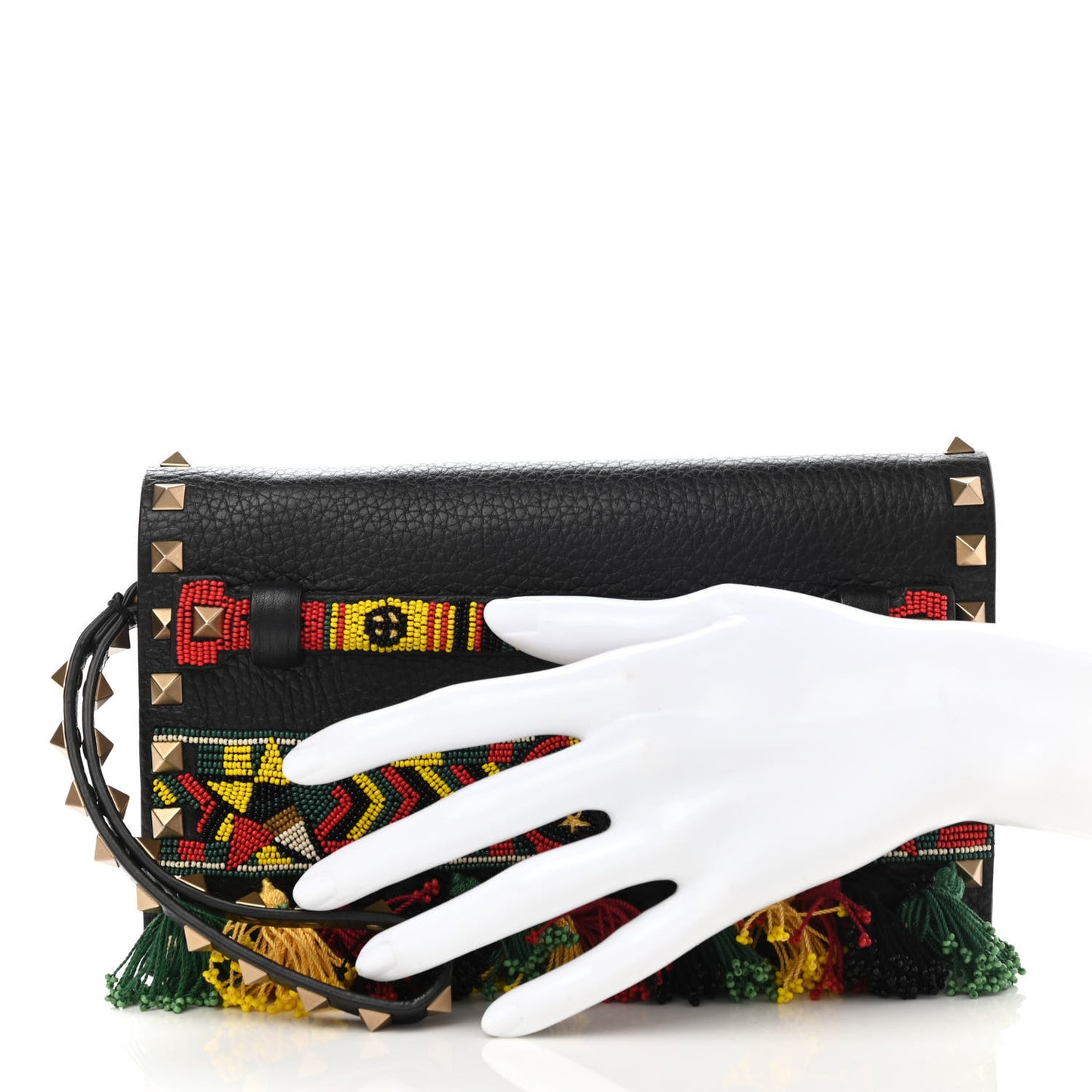 Pebbled Calfskin Beaded Ribbons Rockstud Wristlet Clutch Black