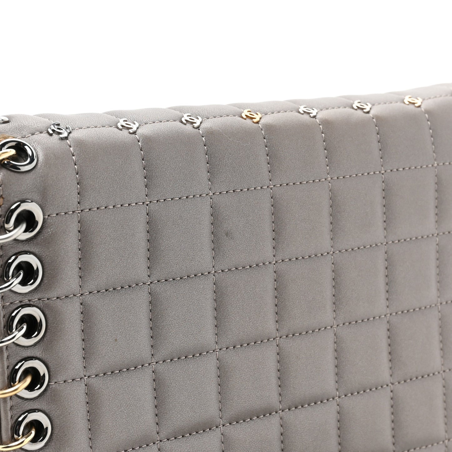 Lambskin Chocolate Bar Piercing CC Studded Small Chain Flap Bag Grey