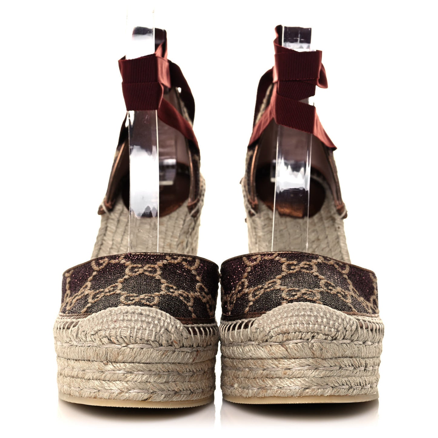 Lame GG Monogram Pilar SIlk Ankle Wrap Platform Espadrille Wedges 38.5 Brown