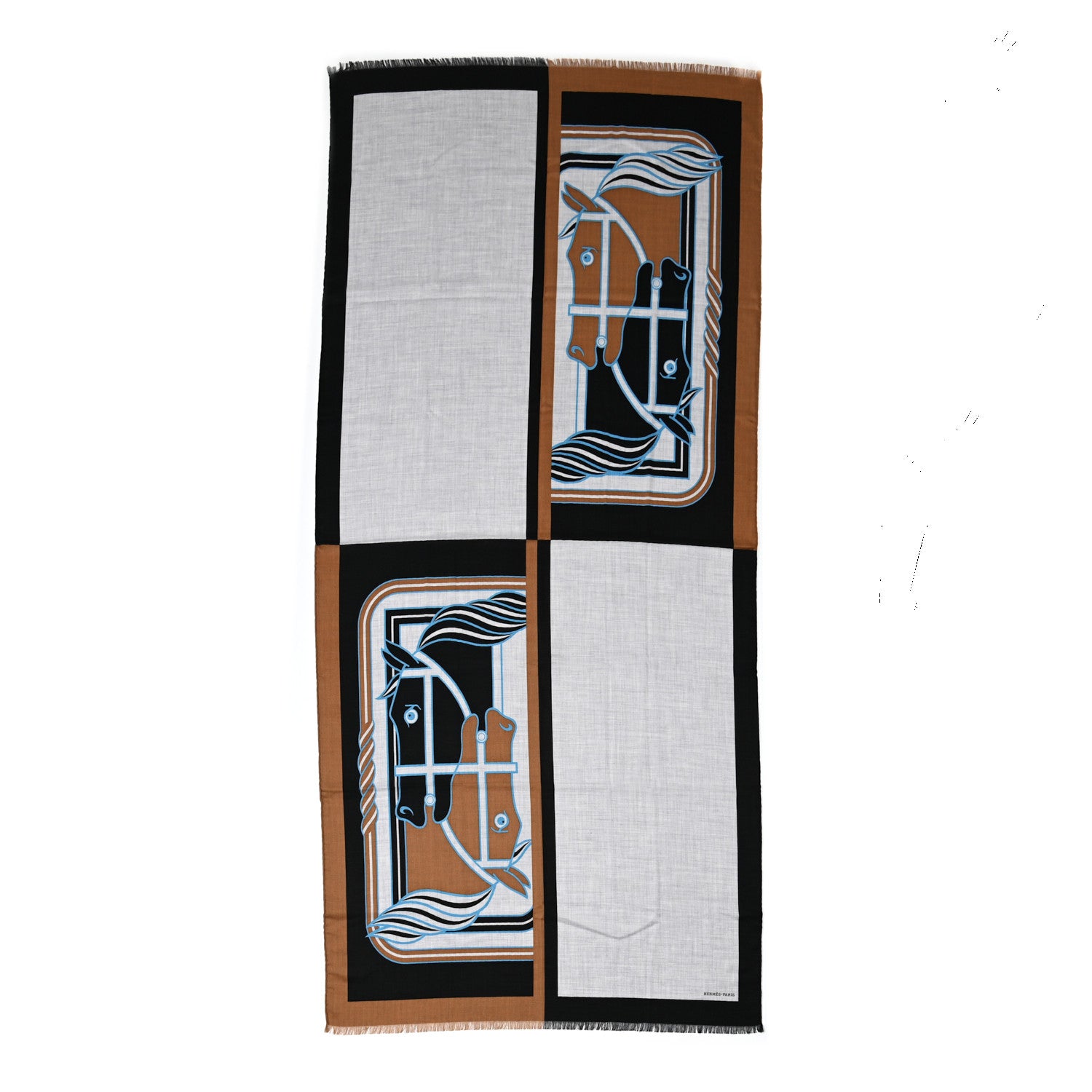 Hermes Cashmere Silk Quadrige II Stole Gris Chine Black Camel