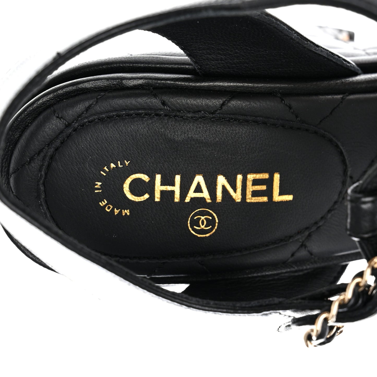 Lambskin Quilted Chain CC Wedge Sandals 36 Black