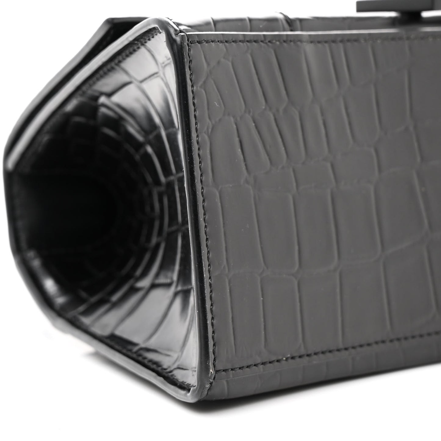 Shiny Calfskin Monochrome Crocodile Embossed Small Hourglass Top Handle Bag Black