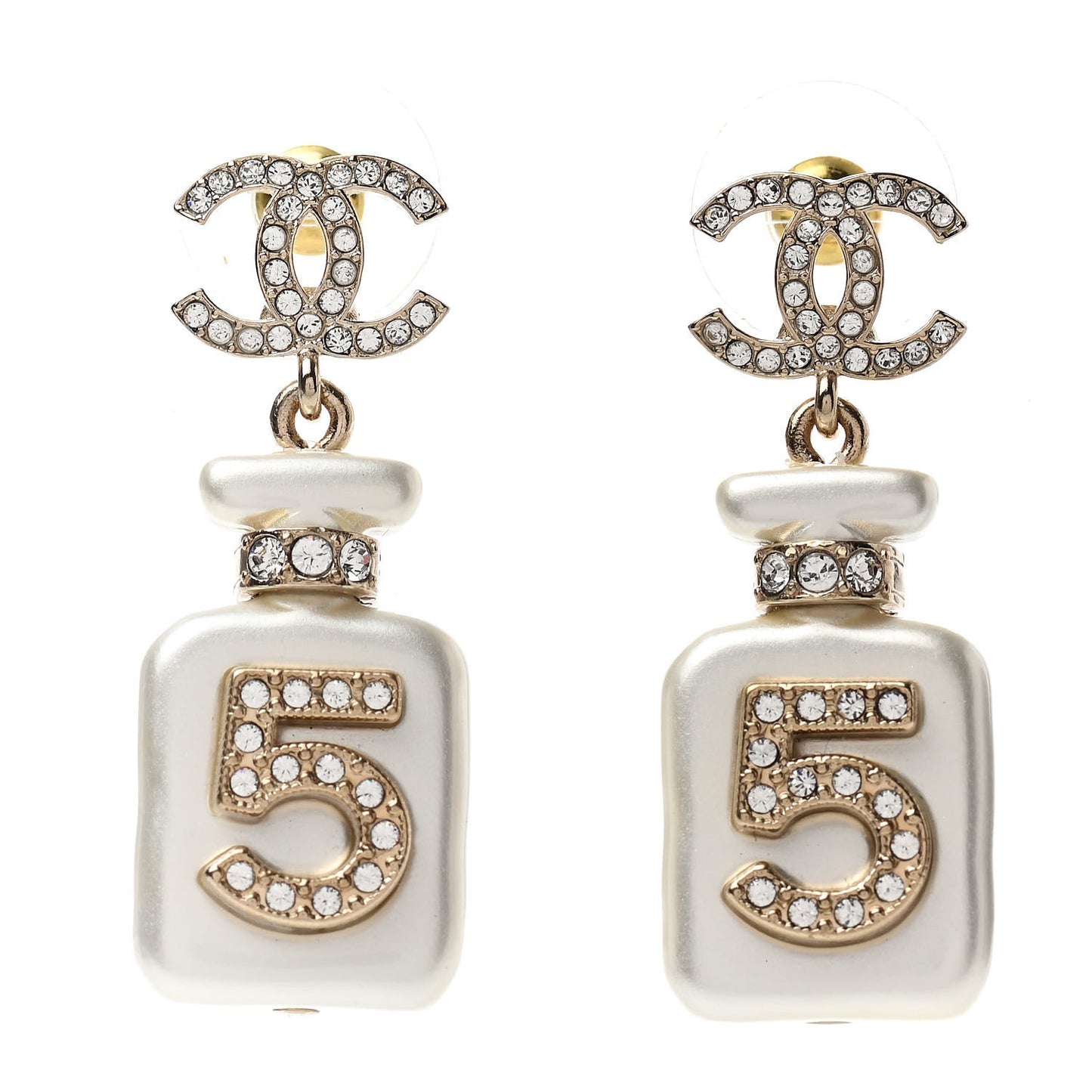Pearl Resin Crystal CC No 5 Perfume Bottle Drop Earrings Gold Pearly White