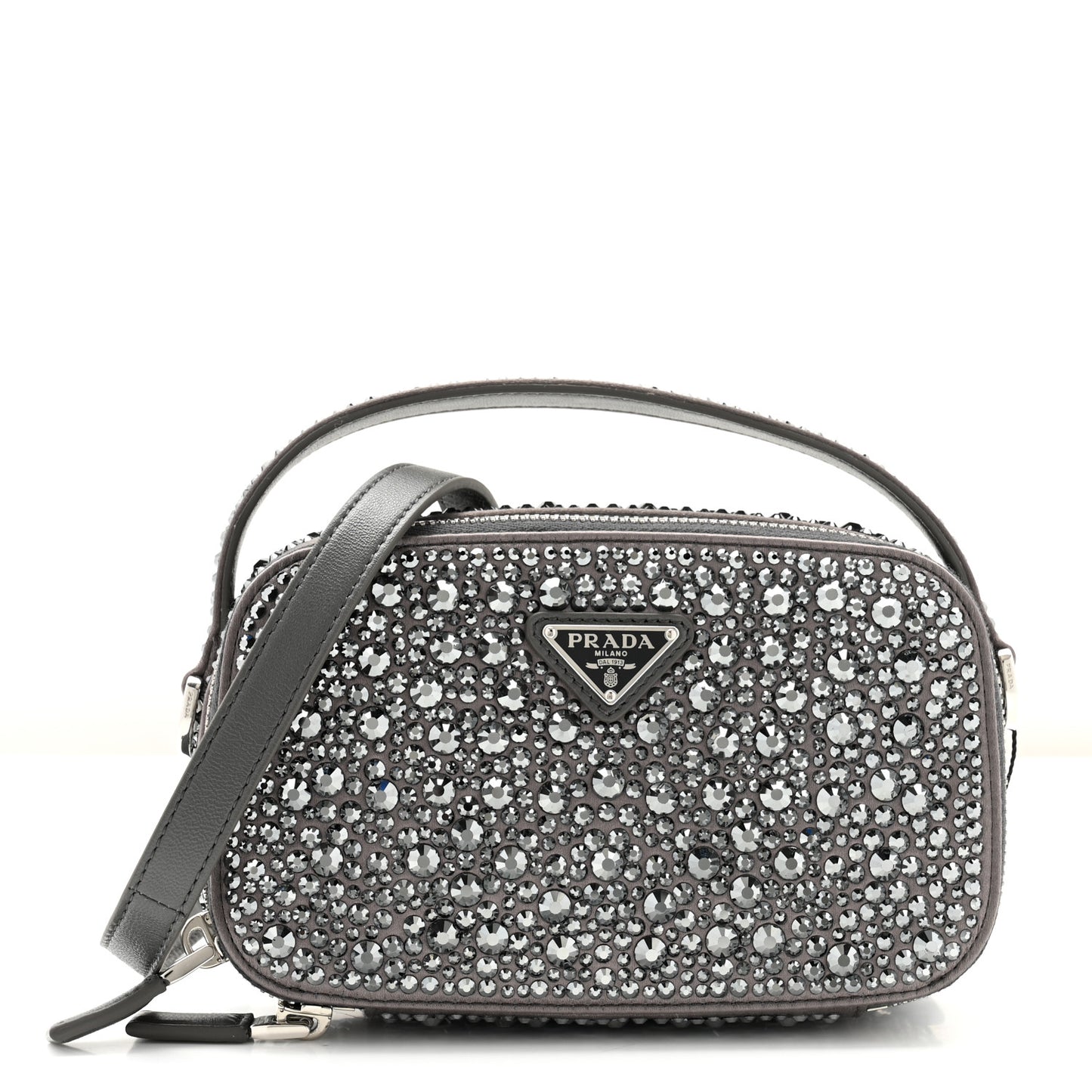 Satin Crystal Metal Triangle Logo Odette Crossbody Fumo