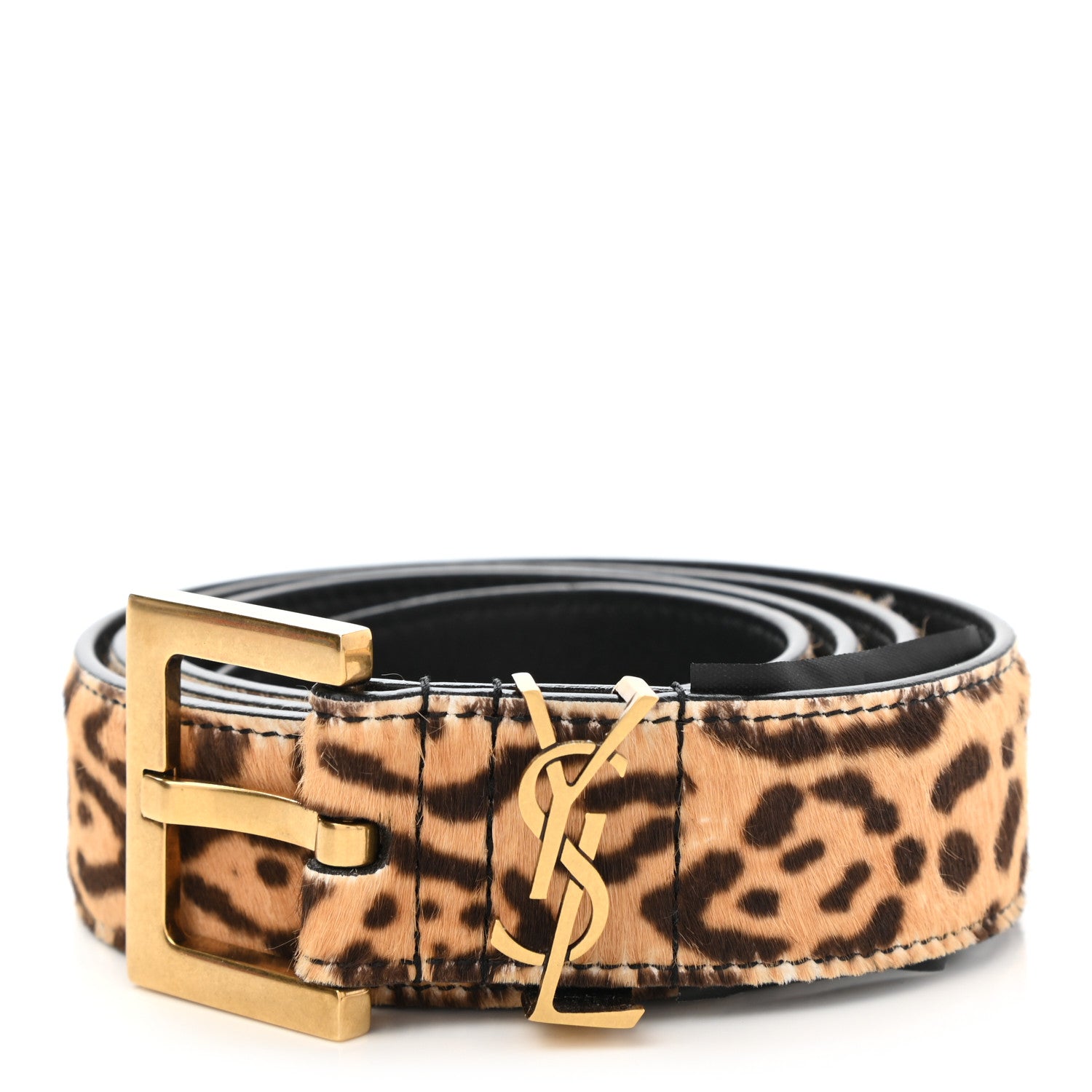 Saint Laurent Calf Hair Leopard Print Monogram Square Buckle Belt