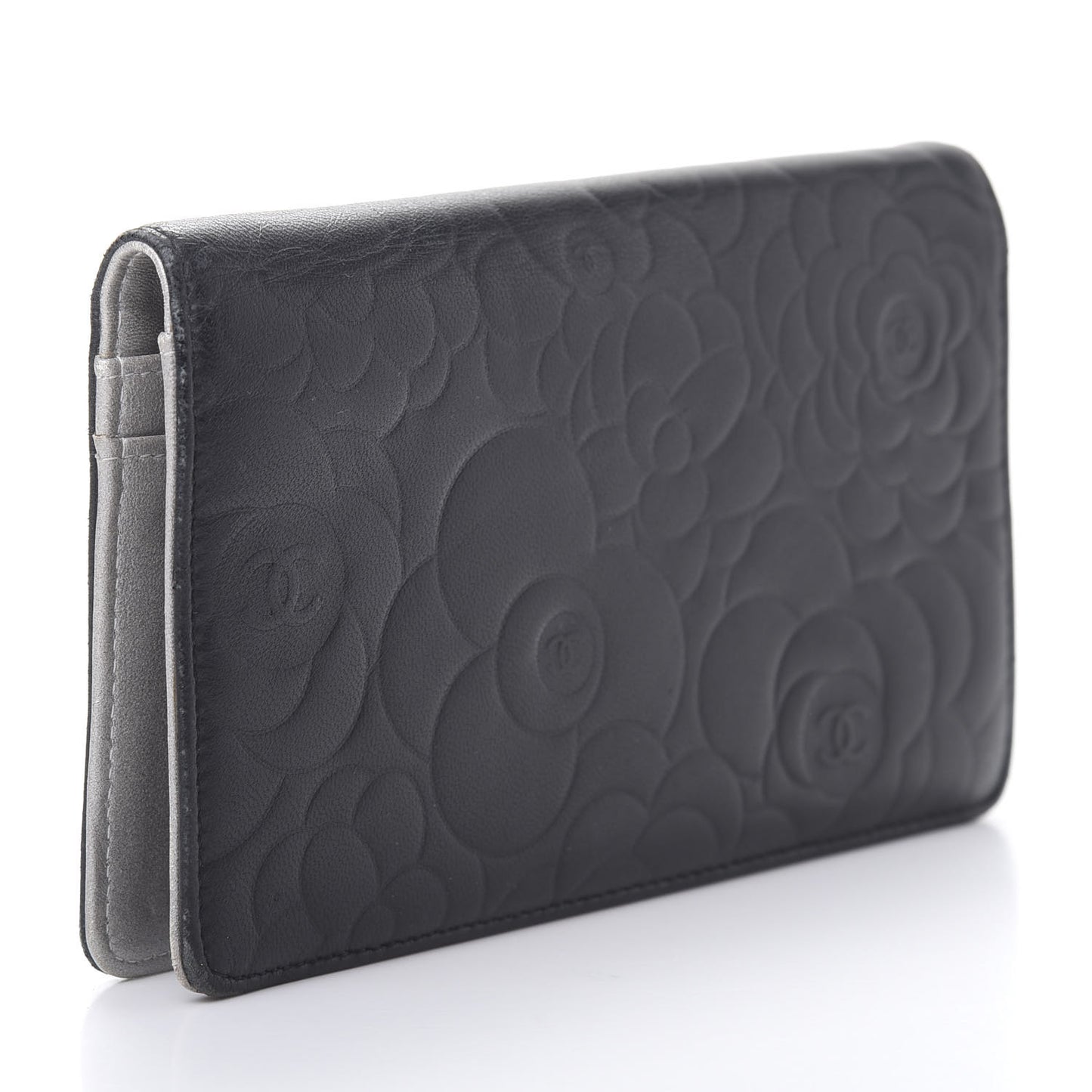 Lambskin Camellia Embossed Yen Wallet Black