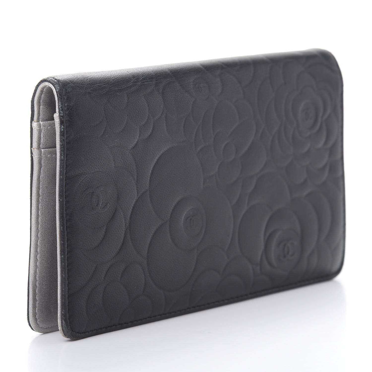 Chanel Lambskin Camellia Embossed Yen Wallet Black 3 of 11