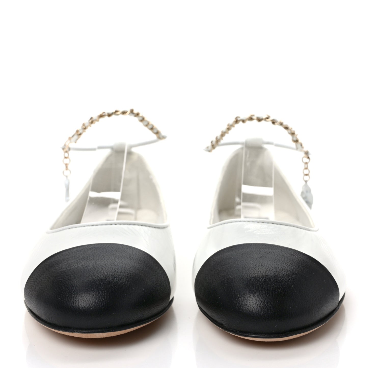 Lambskin Patent Calfskin Cap Toe Ankle Chain Ballerina Flats 37.5 White Black