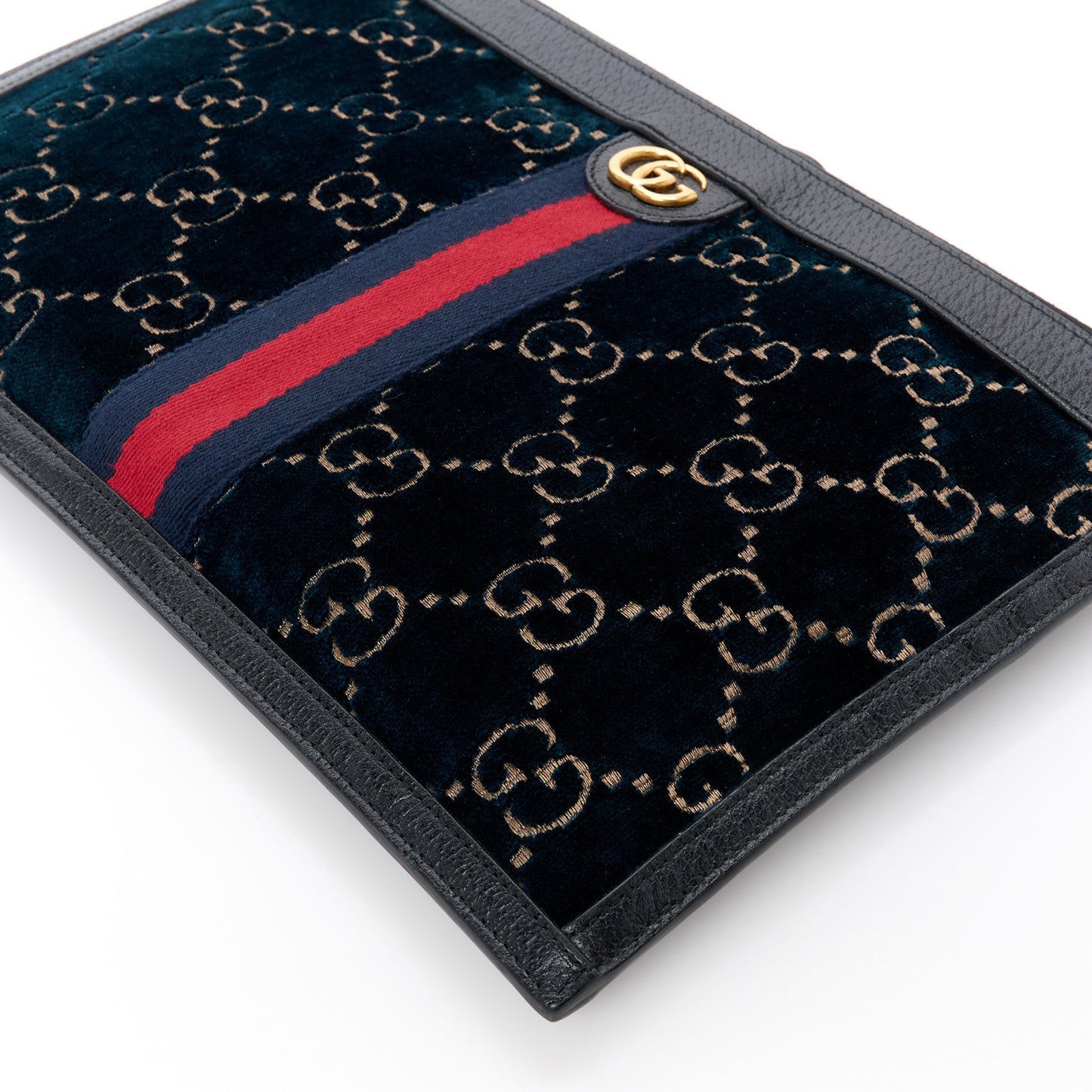 Velvet GG Monogram Textured Calfskin Web Ophidia Wristlet Blue Beige Black