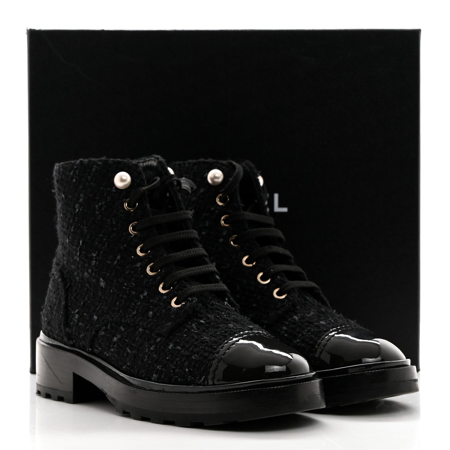 Tweed Patent Calfskin Pearl Combat Short Boots 36.5 Black Grey Blue