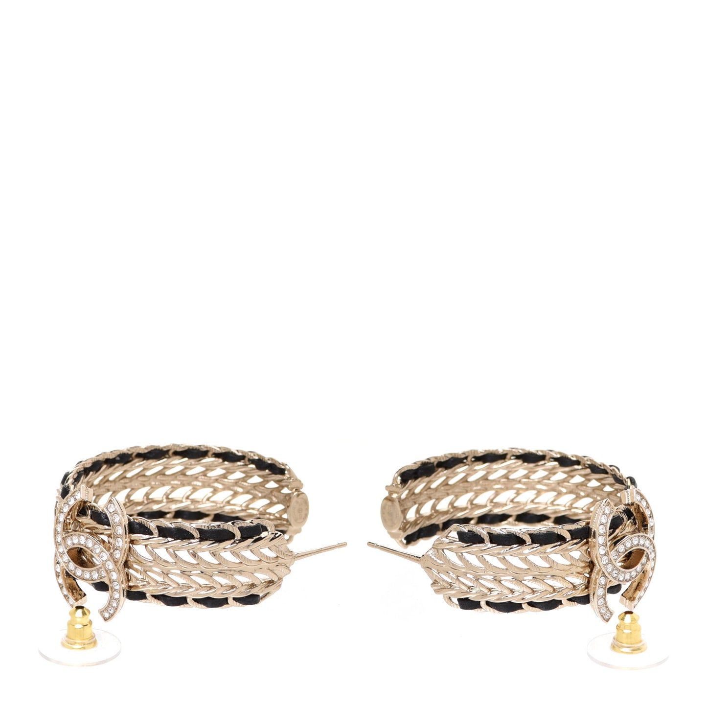 Crystal Lambskin CC Chain Hoop Earrings Gold Black
