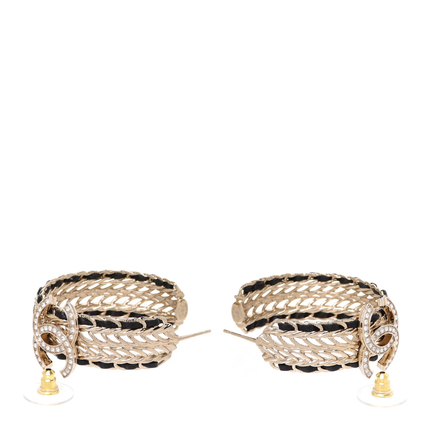 Chanel Crystal Lambskin CC Chain Hoop Earrings Gold Black 3 of 5